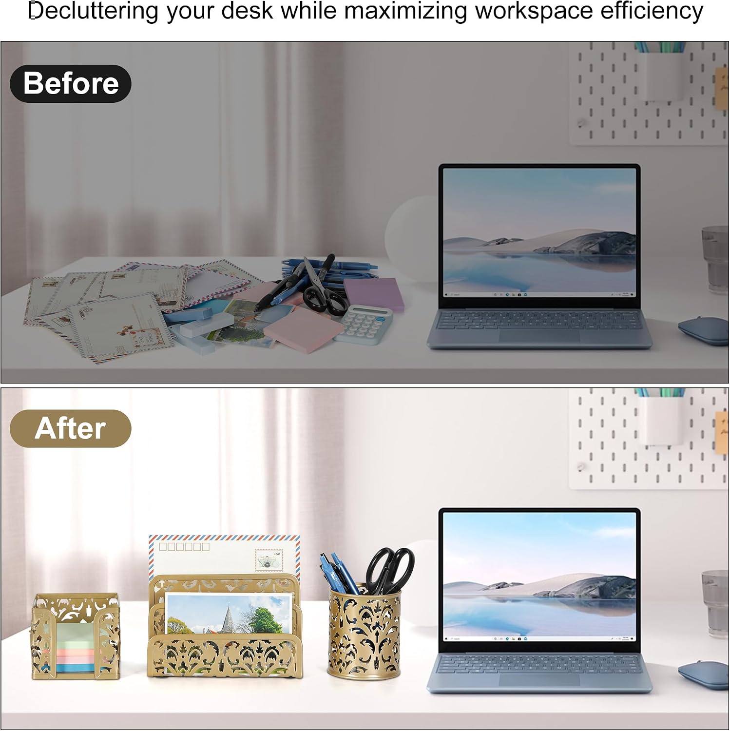 Desk Organizers and Accessories 3 Pieces Office Organizer Set - Pen Holder for Desk, Mail Sorter Countertop and Sticky Note Holder, Gold - view 5
