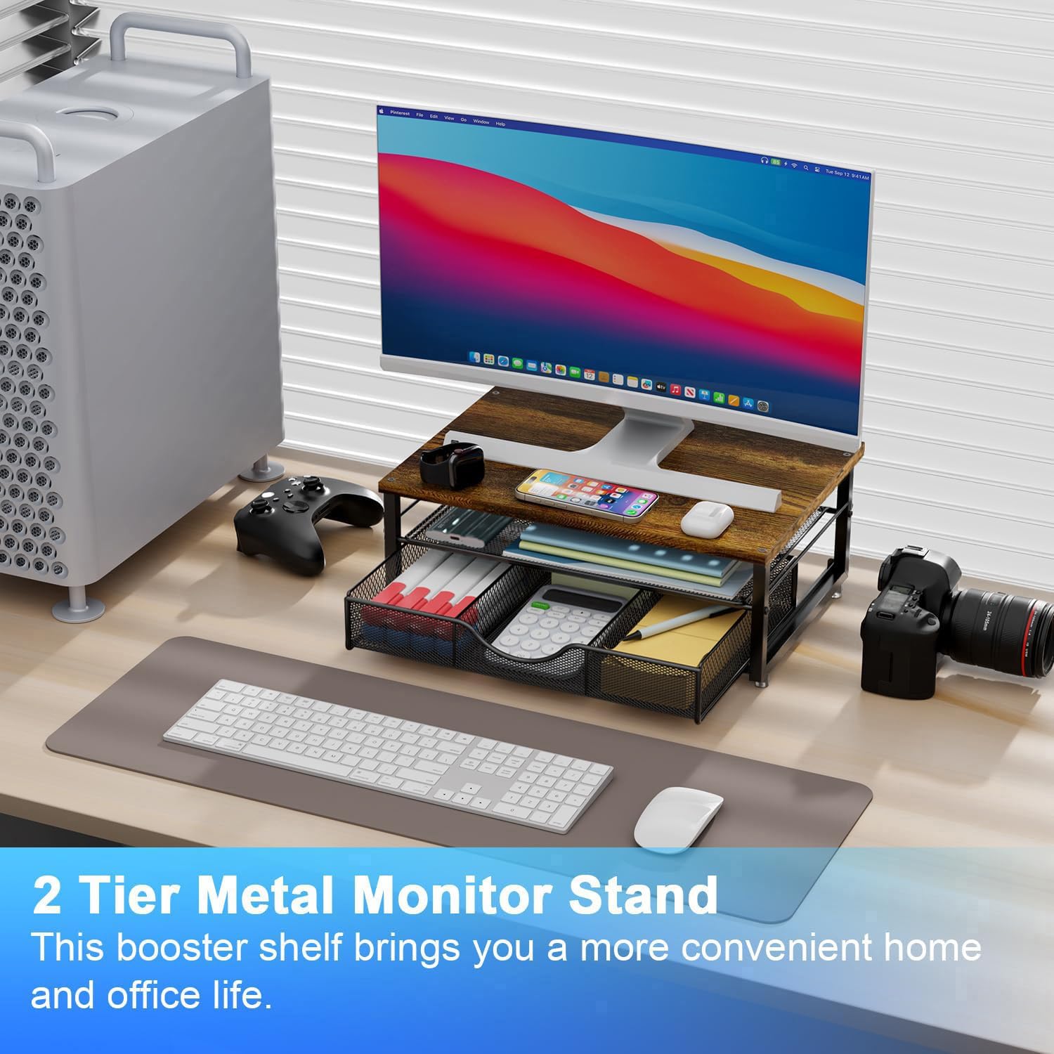 Computer Monitor Stand Riser, office organizer with Drawer, Office Organizers Storage for Classroom Office Supplies (Wood) | Wood Desk Organizers and Accessories Desk Accessories & Workspace Desktop Organizers Storage for Printer Stand (Wood) - view 2