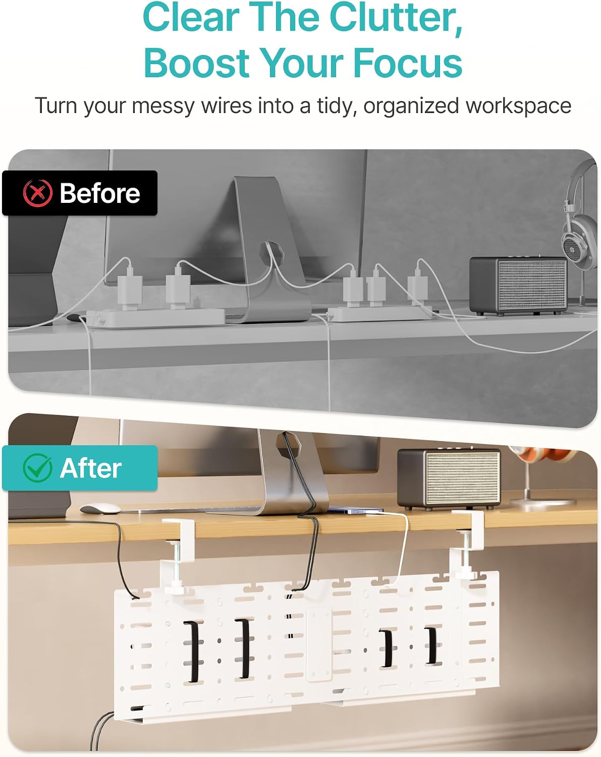 Under Desk Cable Management Tray, 30.2" No-Drill C-Clamp Pegboard | with 5 Hooks, 2 Trays & 79" Tie Roll, On/Under Desk Mount for Power Cords, Vertical Metal Organizer for Home Office, White - view 4