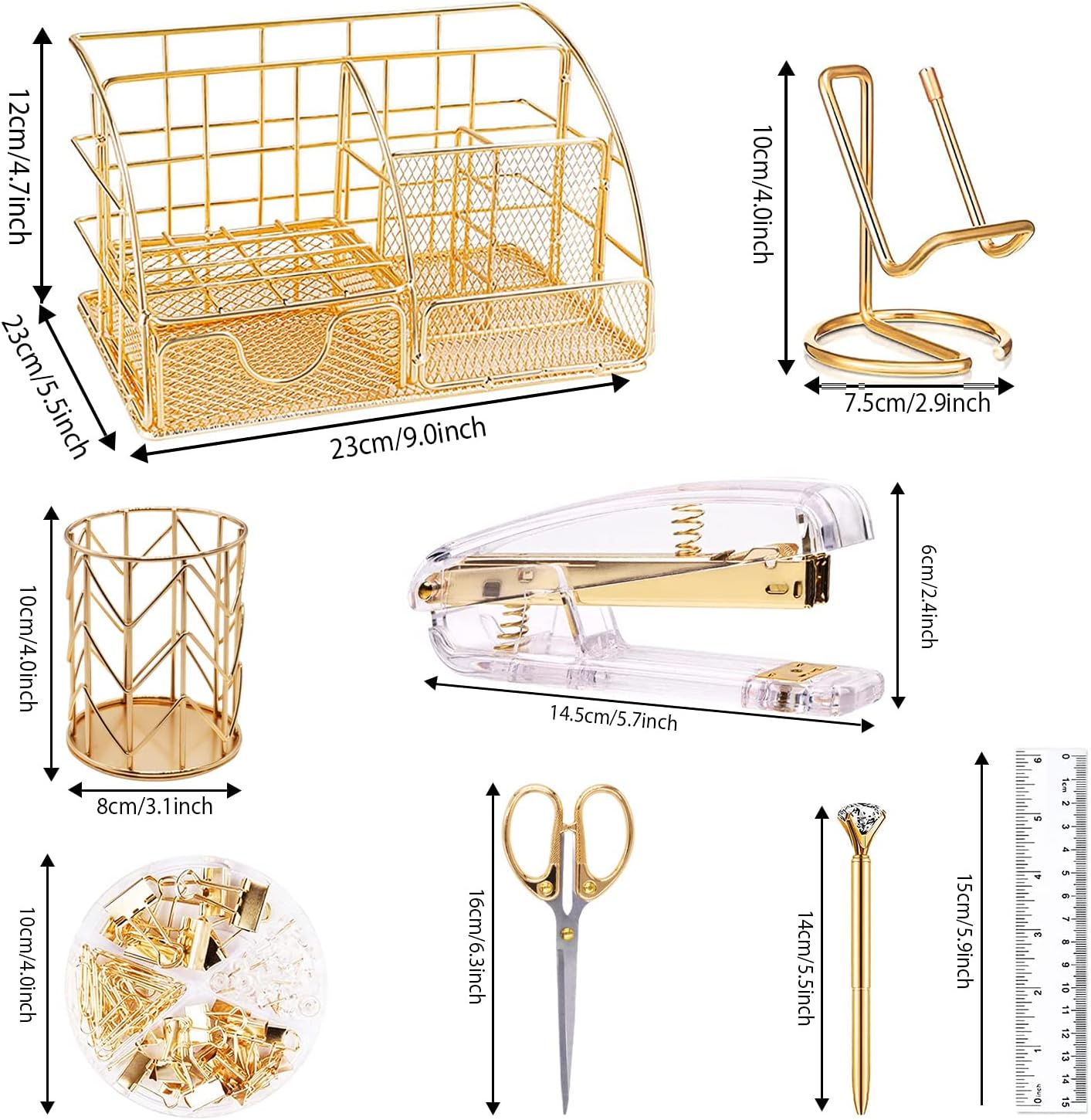 Gold Desk Organizers and Accessories Office Supplies Set Stapler, Pen Holder, Phone Holder, Scissors, Pen, Ruler, 30 Paper Clips, 22 Binder Clip, 20 Tacks and 1000pcs Staples (Gold) - view 2