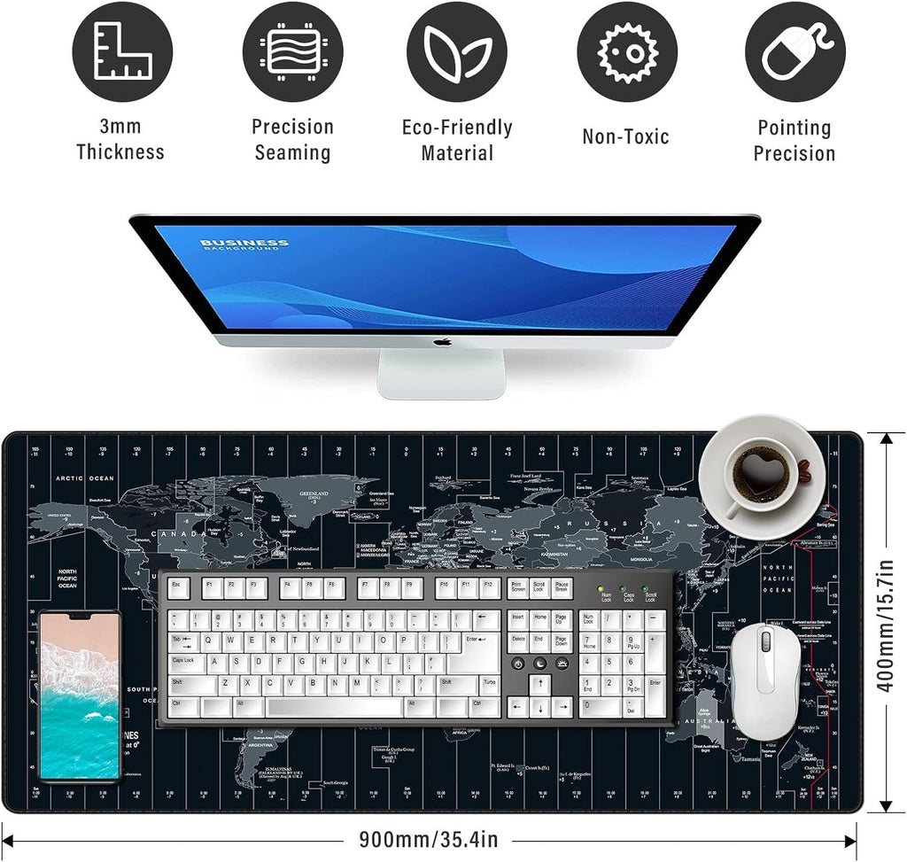 Large mouse pad 35.4x15.7 inch world map - XXL gaming desk mat with non-slip rubber base, stitched edges | keyboard and mouse pad for gaming/office | portable desk pad - view 3