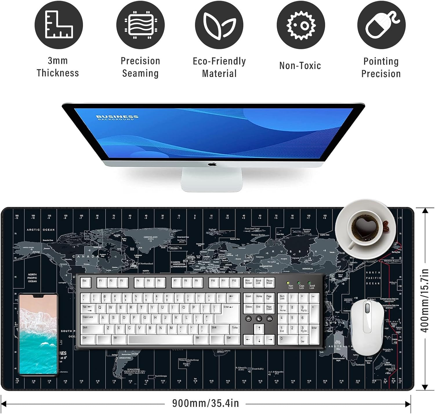 Large mouse pad 35.4x15.7 inch world map - XXL gaming desk mat with non-slip rubber base, stitched edges | keyboard and mouse pad for gaming/office | portable desk pad - view 3