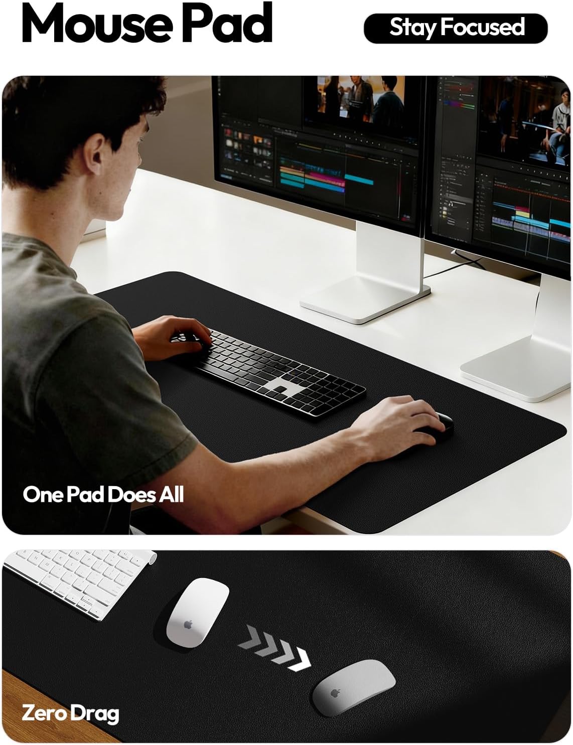 Leather Desk Protector, Office Mat, Large Mouse Mat, Non-Slip PU Leather Blotter, Laptop Desk Mat, Waterproof Writing Pad for Office and Home (Black, 31.5" x 15.8") - view 4