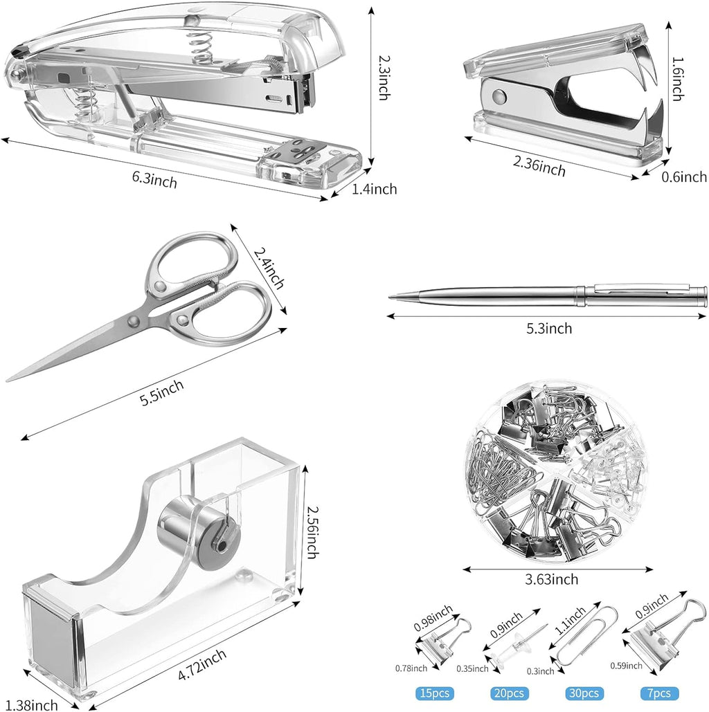 Office supplies set desk accessory kit, acrylic stapler set staple remover, tape dispenser, binder clips, paper clips, ballpoint pen and scissor with 1000 pieces 26/6 staples (silver) - view 2