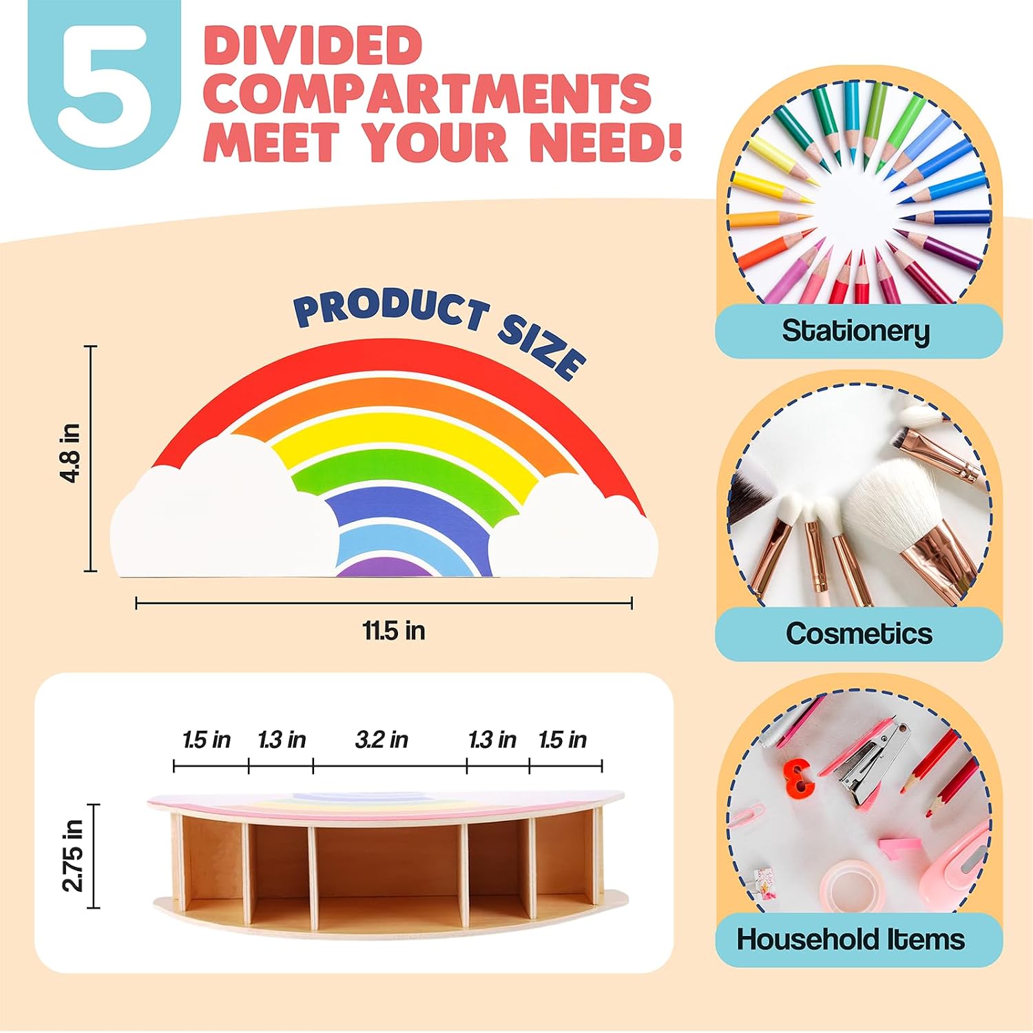 Rainbow Wooden Desk Organizer Natural Wood No Smell Childfriendly Cute Pen Pencil Holder Caddy for Office Supplies Classroom for Art Supply Makeup Brush Storage for Kids Present - view 2