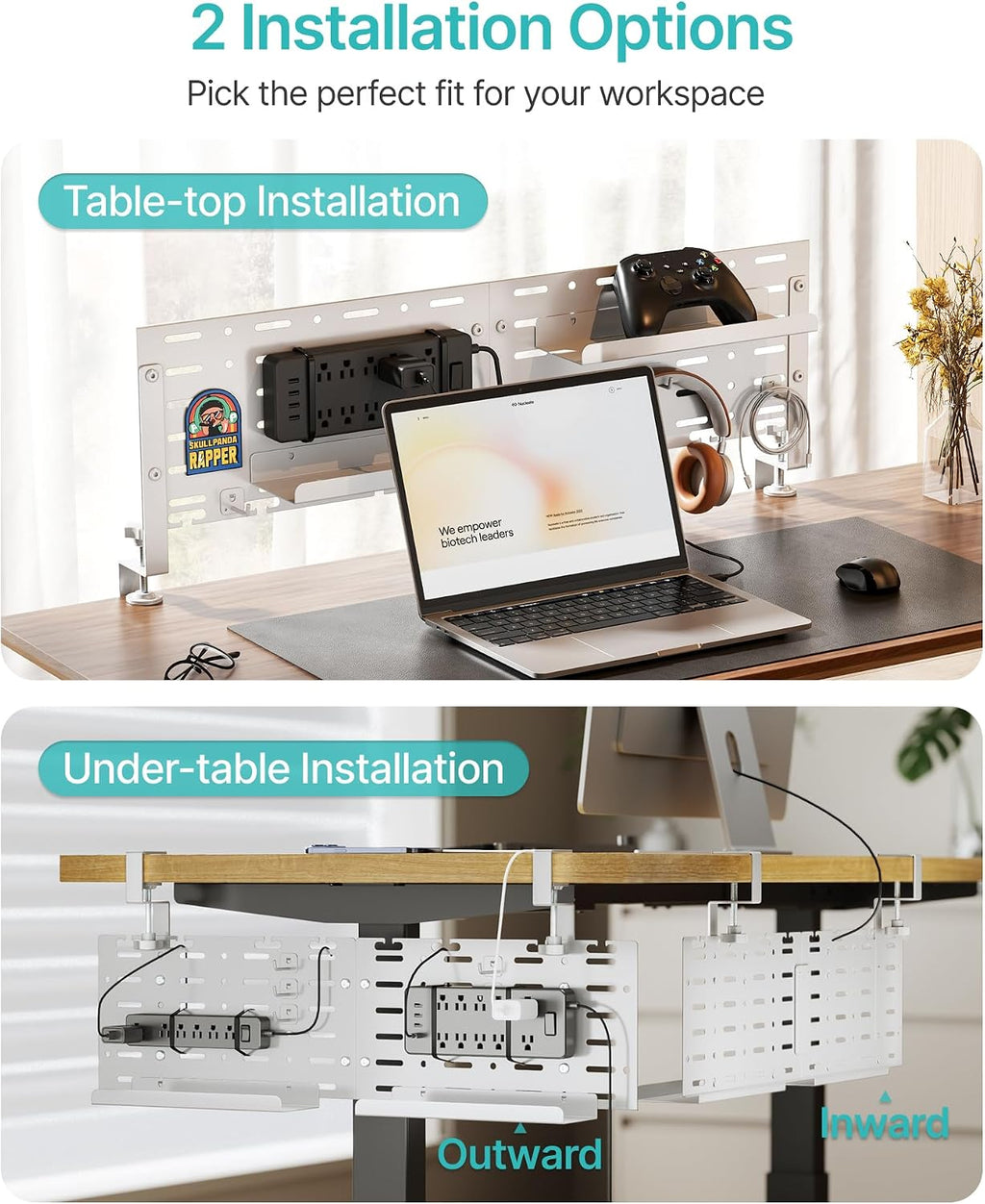 Under Desk Cable Management Tray, 30.2" No-Drill C-Clamp Pegboard | with 5 Hooks, 2 Trays & 79" Tie Roll, On/Under Desk Mount for Power Cords, Vertical Metal Organizer for Home Office, White - view 2