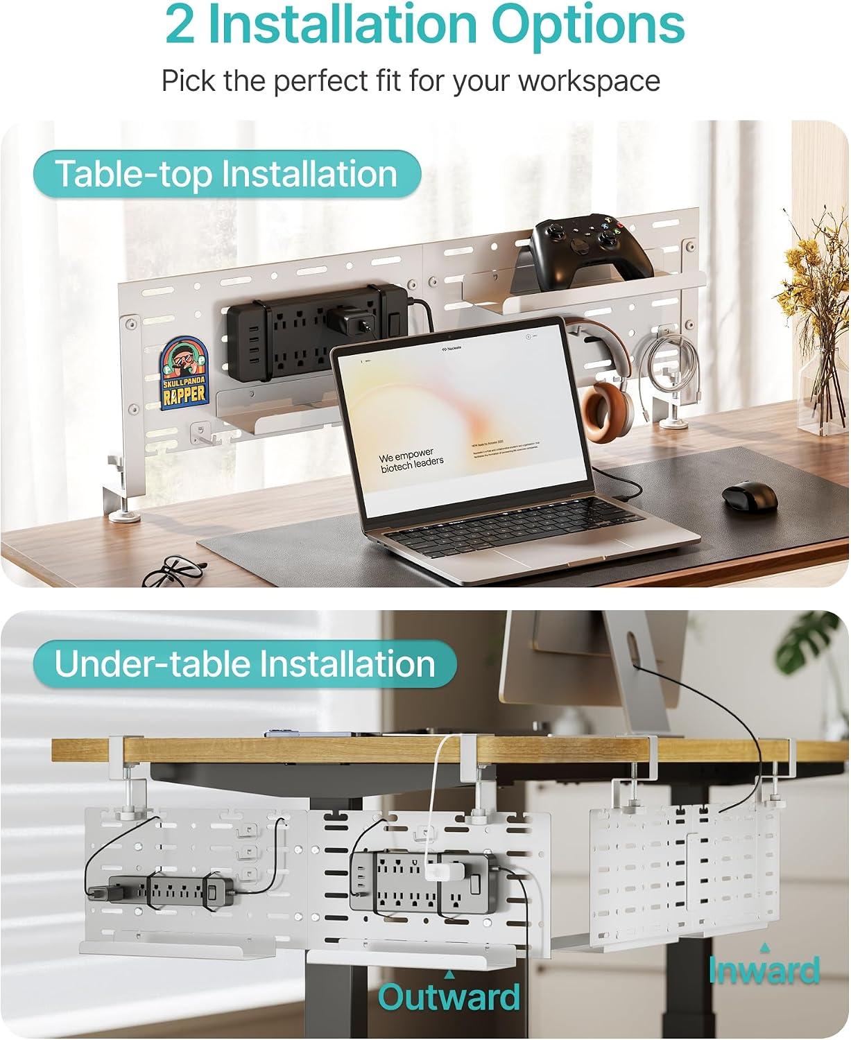 Under Desk Cable Management Tray, 30.2" No-Drill C-Clamp Pegboard | with 5 Hooks, 2 Trays & 79" Tie Roll, On/Under Desk Mount for Power Cords, Vertical Metal Organizer for Home Office, White - view 2