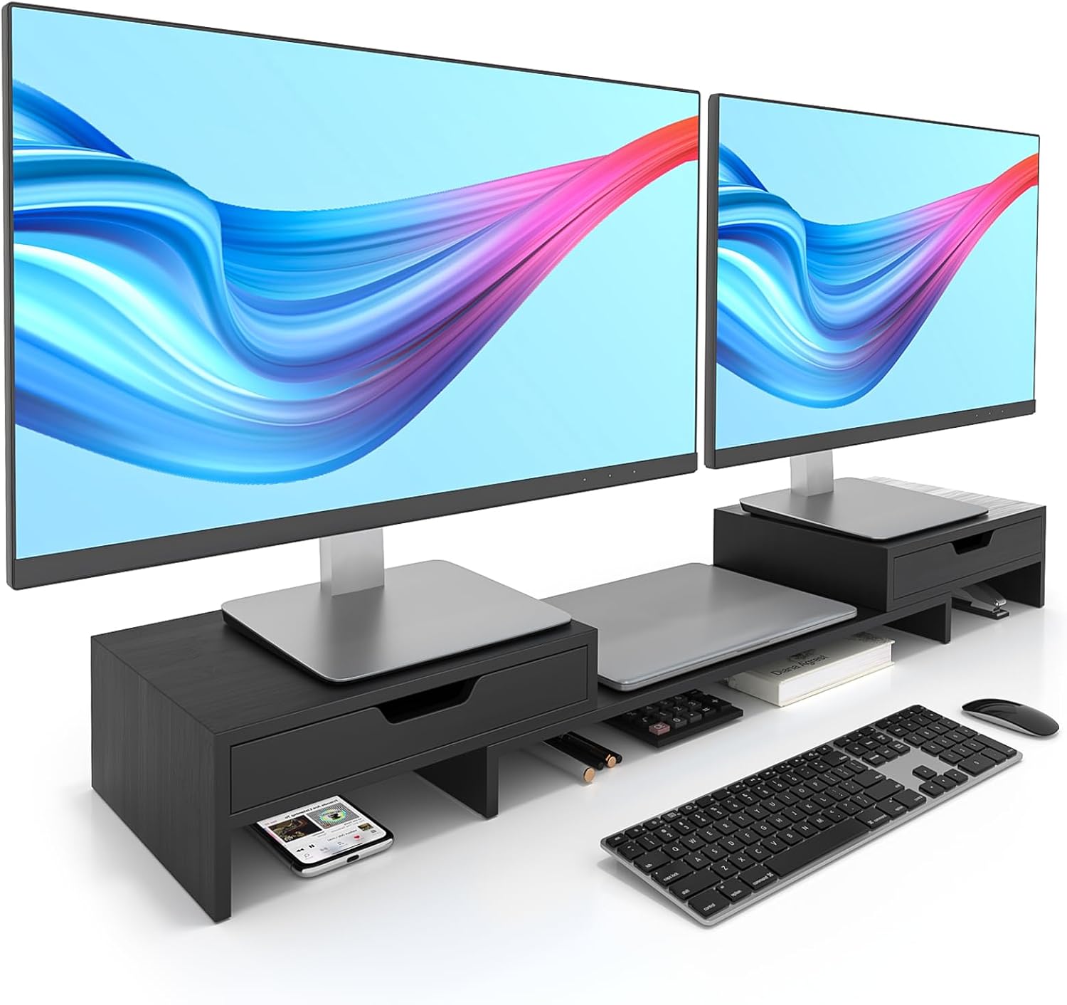 Dual Monitor Riser with Two Drawer for Desk, No Assembly Required | Premium Bamboo Dual Monitor Stand with Storage, Desk Monitor Shelf for Computer, IMac & Laptop, Desk Organizer, Black