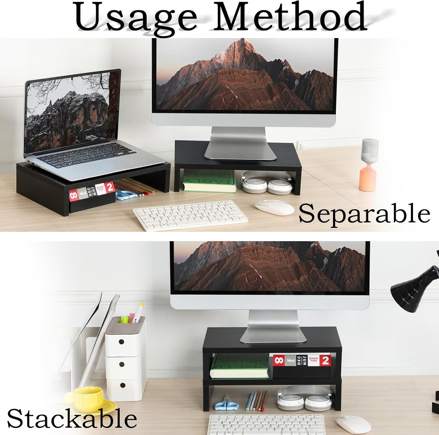 2-Pack Wood Monitor Stand Riser for Desk, Black | Dual Stand for 2 monitors. Holds 80 lbs, Stack or Separate Adjustable Use, Fits laptop, TV, PC. For Home Office, Gaming - view 2