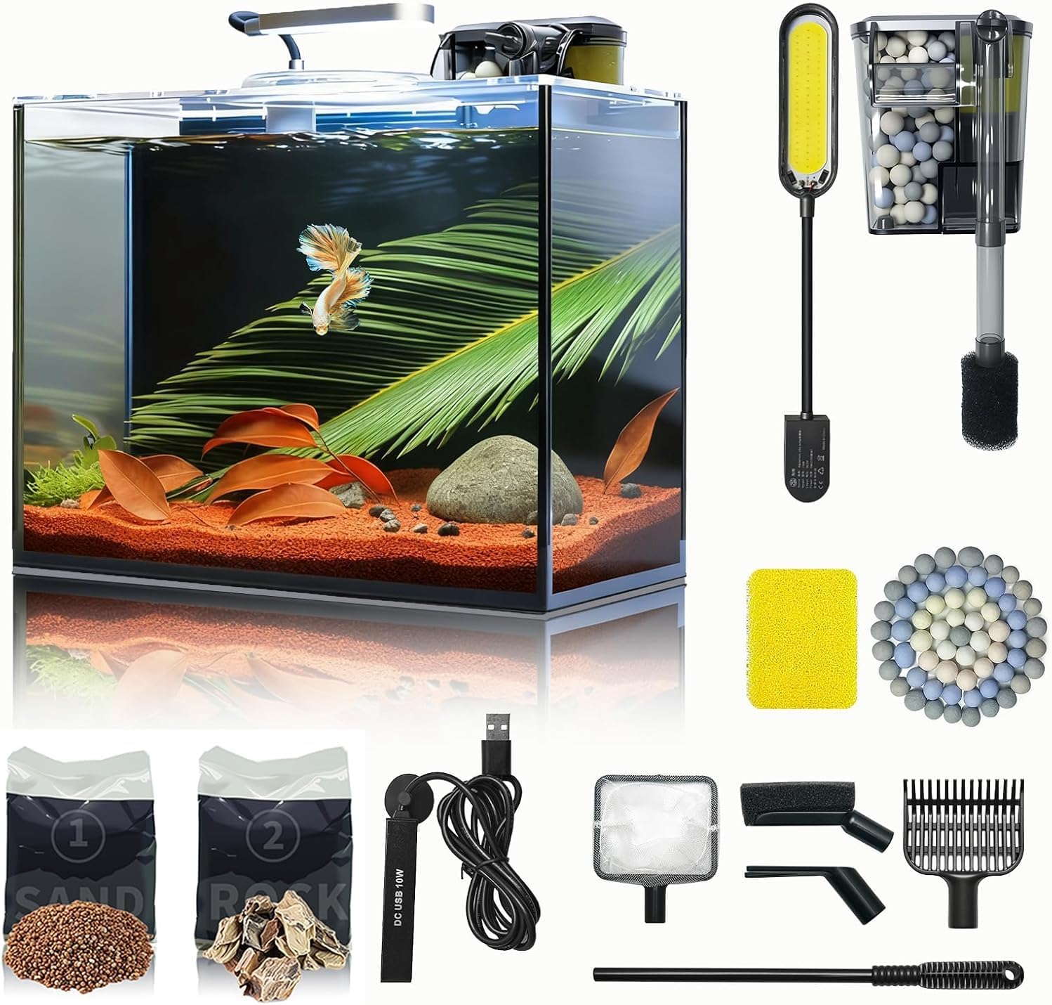 Desktop Small Aquarium Set Glass Fish Tank 1.25 Gallon, with Water Pump Filter Bright LED Light Gravel Cleaning Tool, Starter Kit Small Space Easy Setup Space-Saving Design Betta Shrimp - view 7