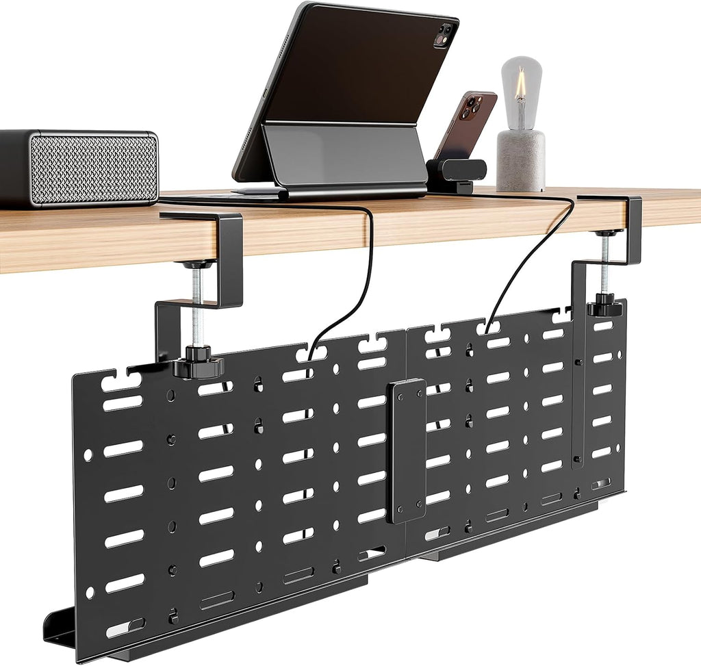 Under Desk Cable Management Tray, 30.2" No-Drill C-Clamp Pegboard | with 5 Hooks, 2 Trays & 79" Tie Roll, On/Under Desk Mount for Power Cords, Vertical Metal Organizer for Home Office, White - view 8