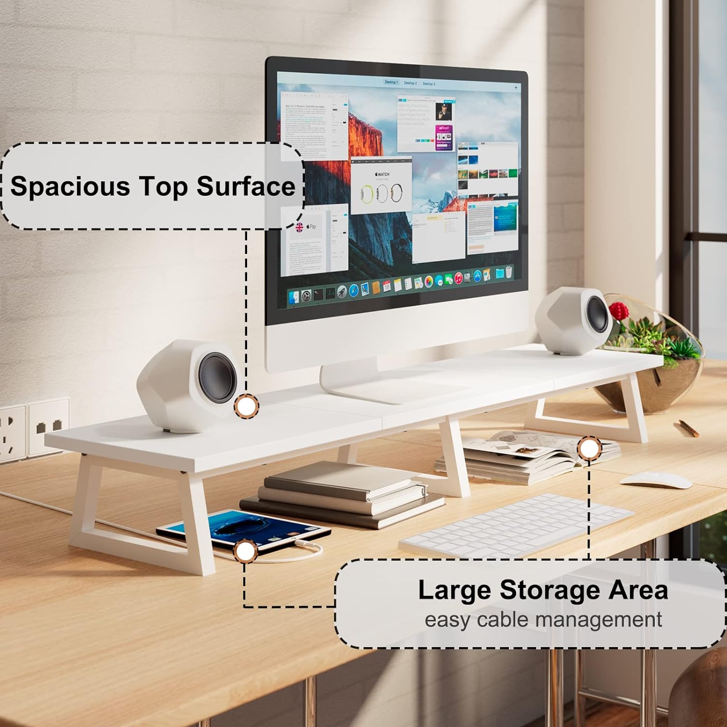 42 inch dual monitor riser white, desk organizer stand for TV laptop | extra long stand riser for 2 monitors, wood & steel TV riser, holds 300lbs, keyboard & PS5 storage, for home office & gaming - view 2