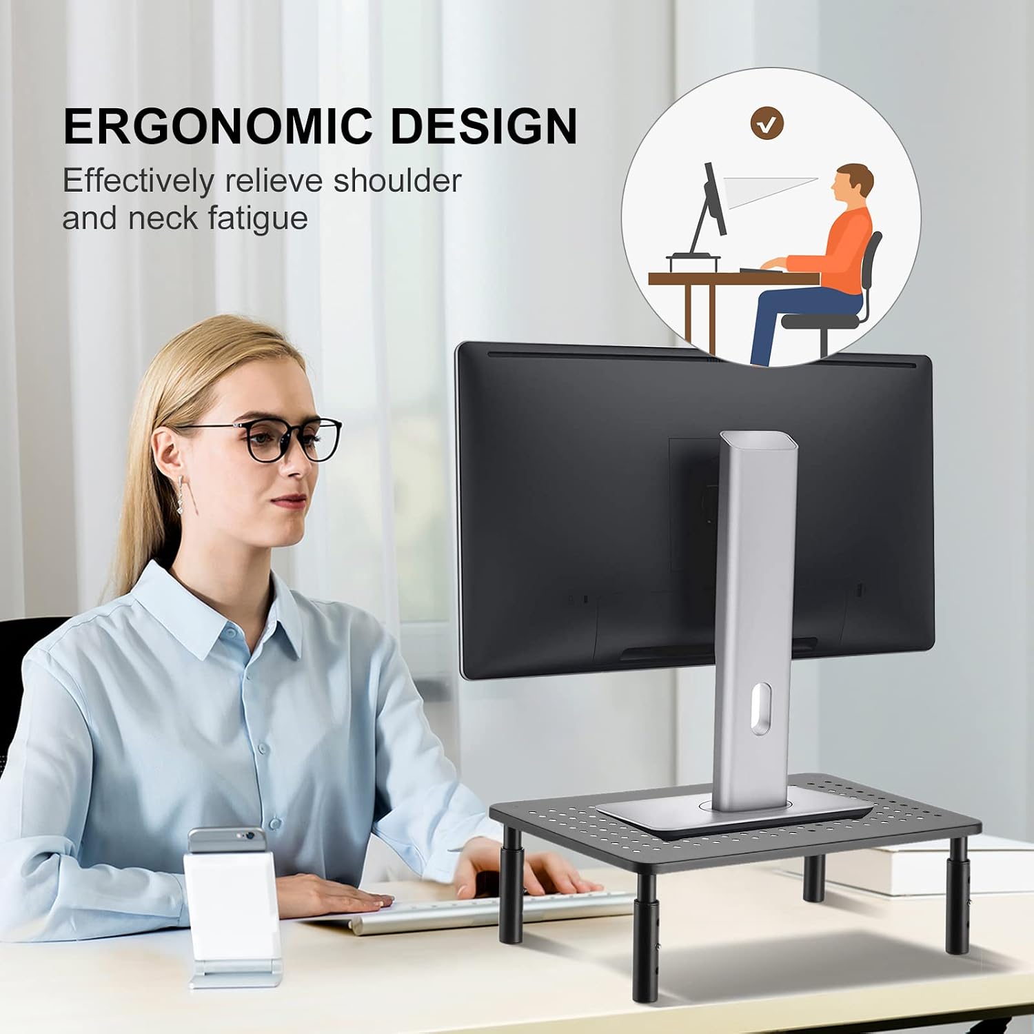 Computer Monitor Stand Riser,Monitor Riser for Laptop, Printer, Notebook and All Flat Screen TV Display with Vented Platform,3 Height Adjustable Laptop Riser,1 Pack,Black(MST003) - view 2