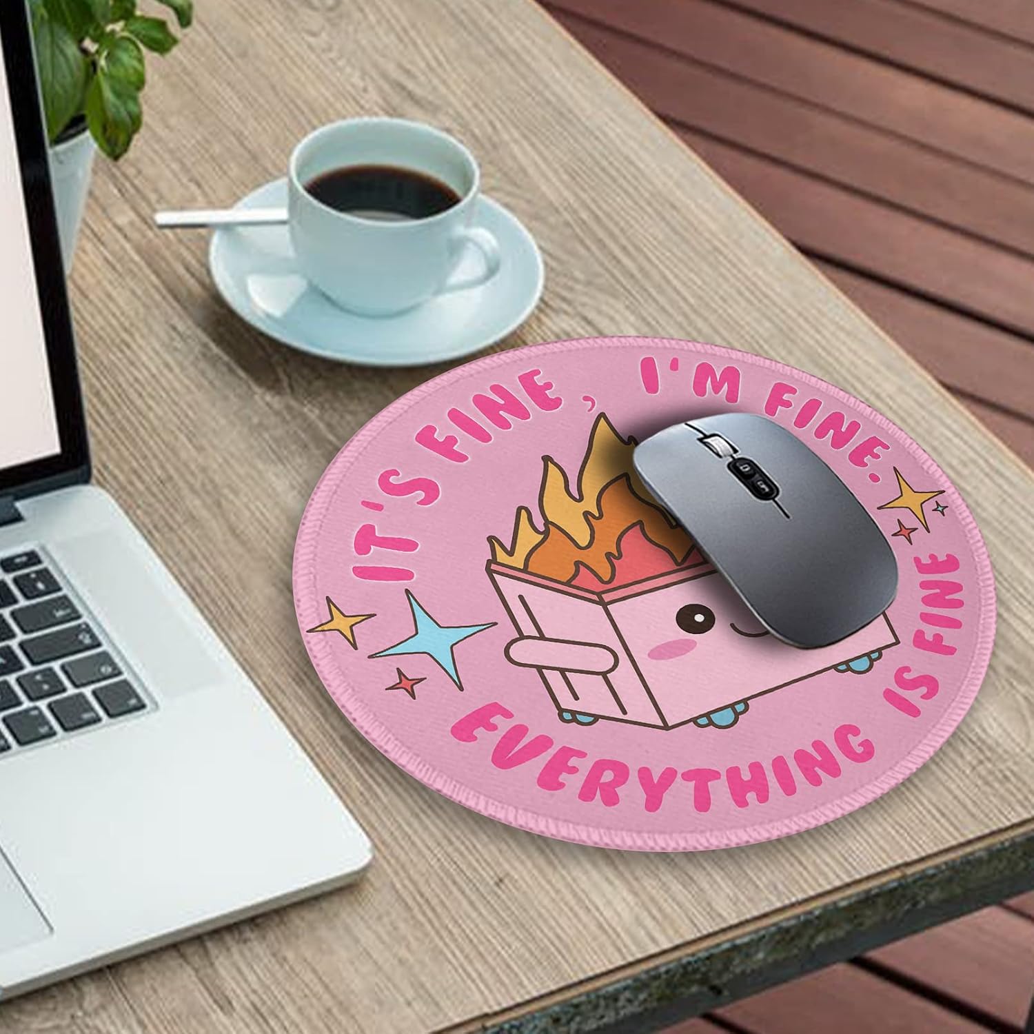 Pink Round Mouse Pads for Desk, Cute Office Decor for Women 8.6 in | Dumpster on Fire Small Mousepad, Stitched Edge, Non-Slip, Computer Mouse Pad for Wireless Mouse Laptop Desk Accessories - view 3