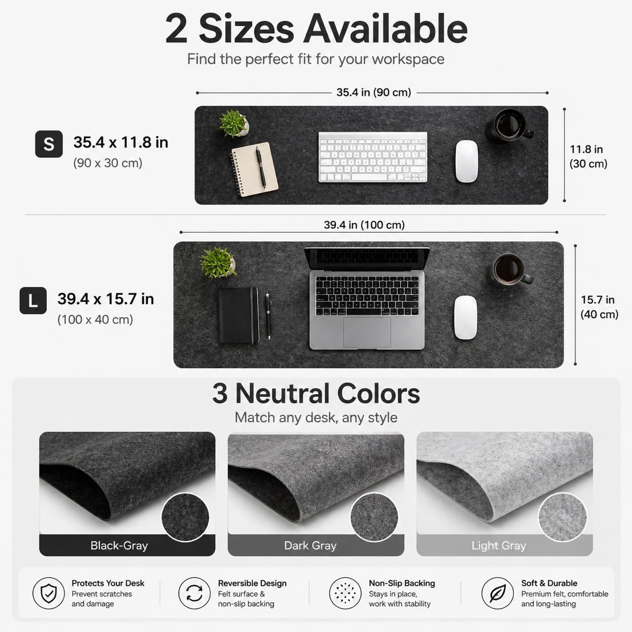 Premium Reversible Felt Desk Mat | Computer Pad for Keyboard & Mouse | Office & Home Workspace Protector (Light Gray, 36Inx12In) - view 3
