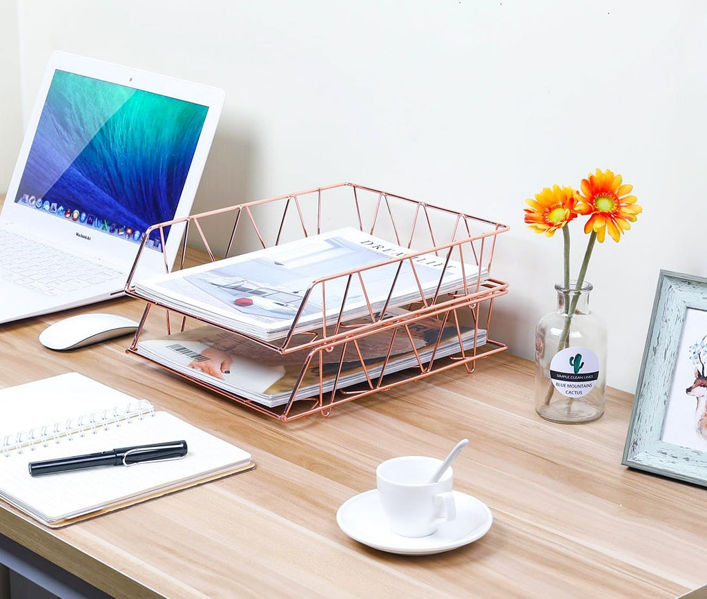 Set of 2 Office Supplies Metal Stackable File Document Letter Tray Organizer for Desk, Rose Gold - view 6