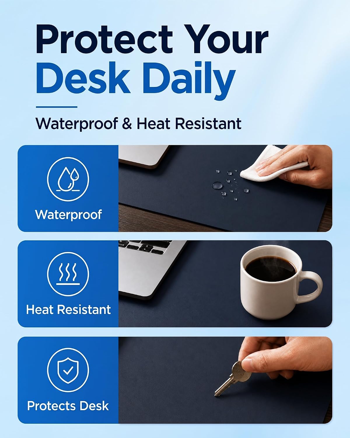 Dual-Sided Desk Mat, FSC Cork & PU Leather Desk Pad, Large Mouse Pad & Writing Surface for Daily Workspace Setup, Non-Slip Waterproof Desk Protector - 35.4" x 15.7", Dark Blue - view 5