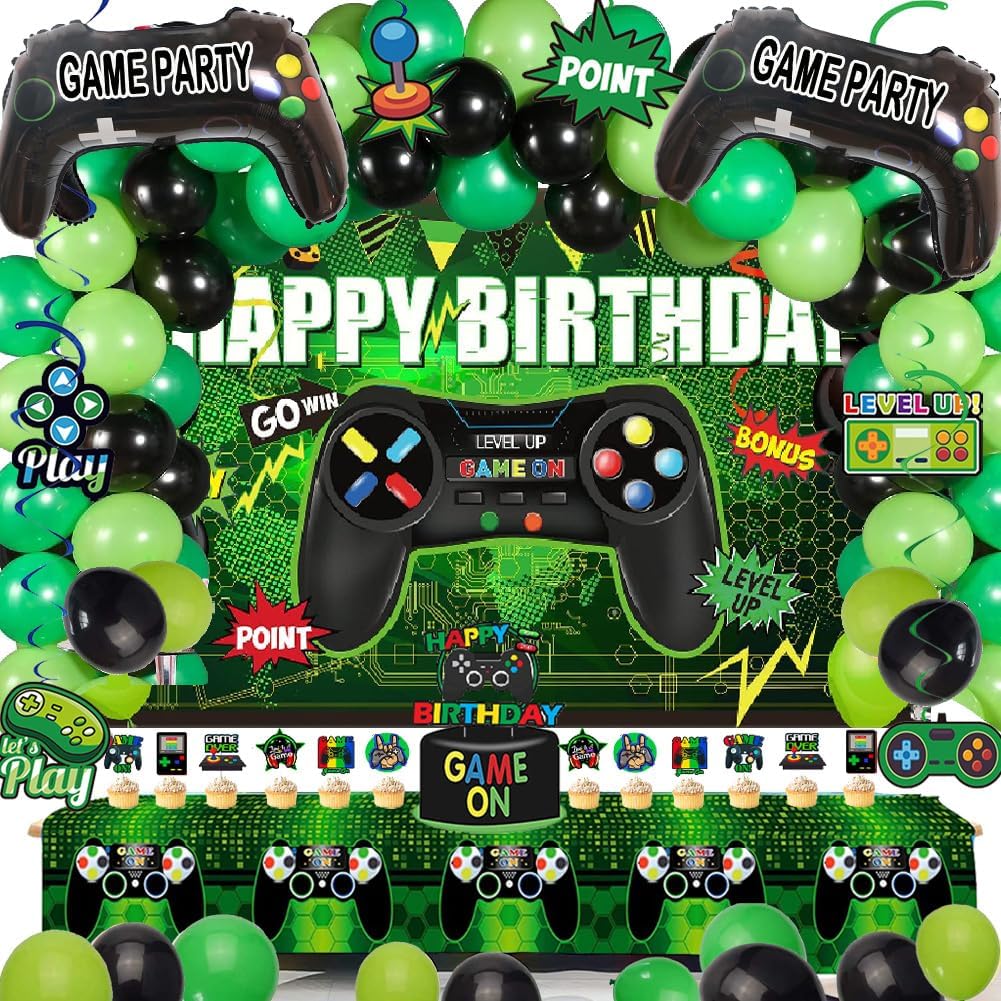 77Pcs Gamer Video Game Birthday Party Decorations Kit for Kids & Boys | Includes backdrop, swirls, table cover, cake toppers & controller balloons. All-in-one easy setup decor for game night.