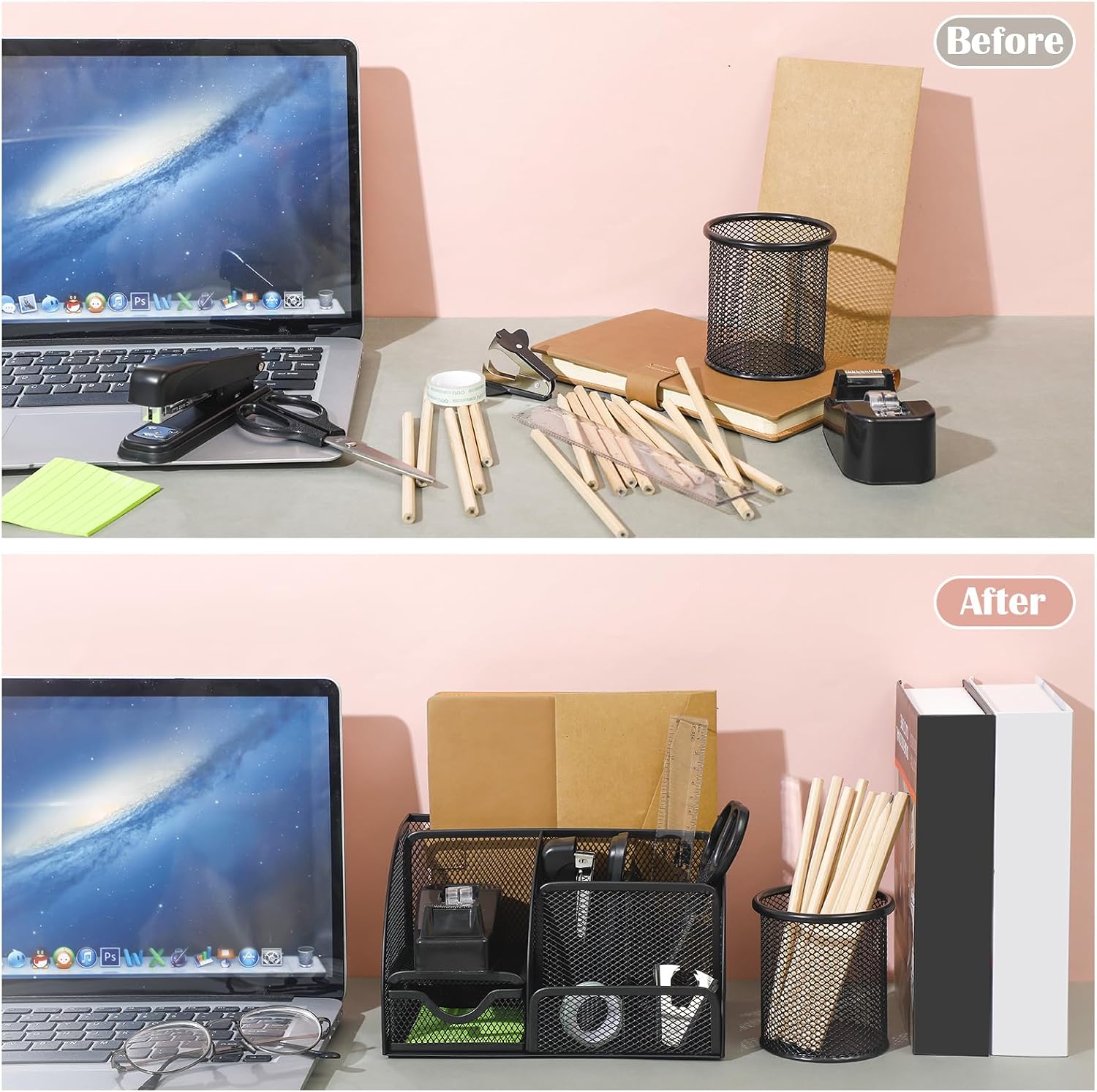 Black desk organizer and accessories, black desk accessories office supply kit include mesh desktop organizer stapler 1000 staples tape dispenser pen holder staple remover clips ruler scissors - view 6