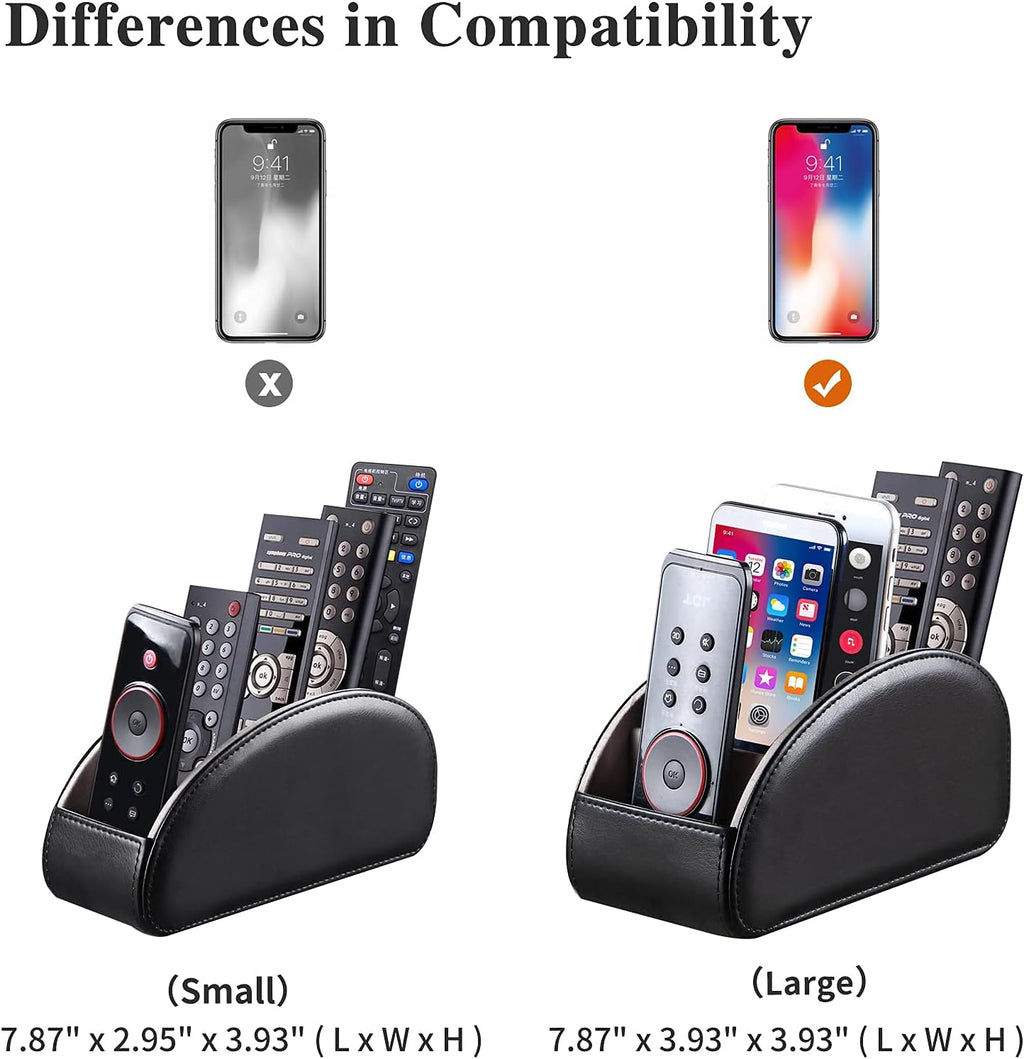 All-in-one leather TV remote control holder black with 5 compartments nightstand desktop DVD media player remote caddy storage box organizer tray for makeup brush pen stationery table controllers - view 3