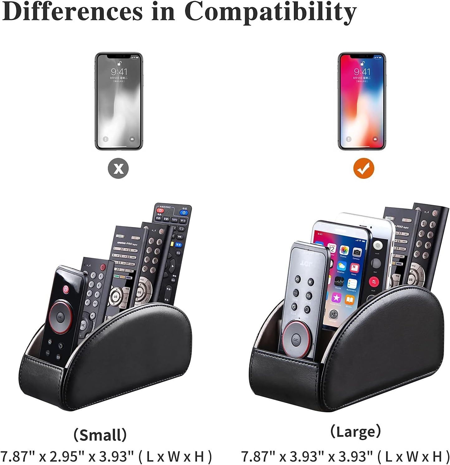 All-in-one leather TV remote control holder black with 5 compartments nightstand desktop DVD media player remote caddy storage box organizer tray for makeup brush pen stationery table controllers - view 3
