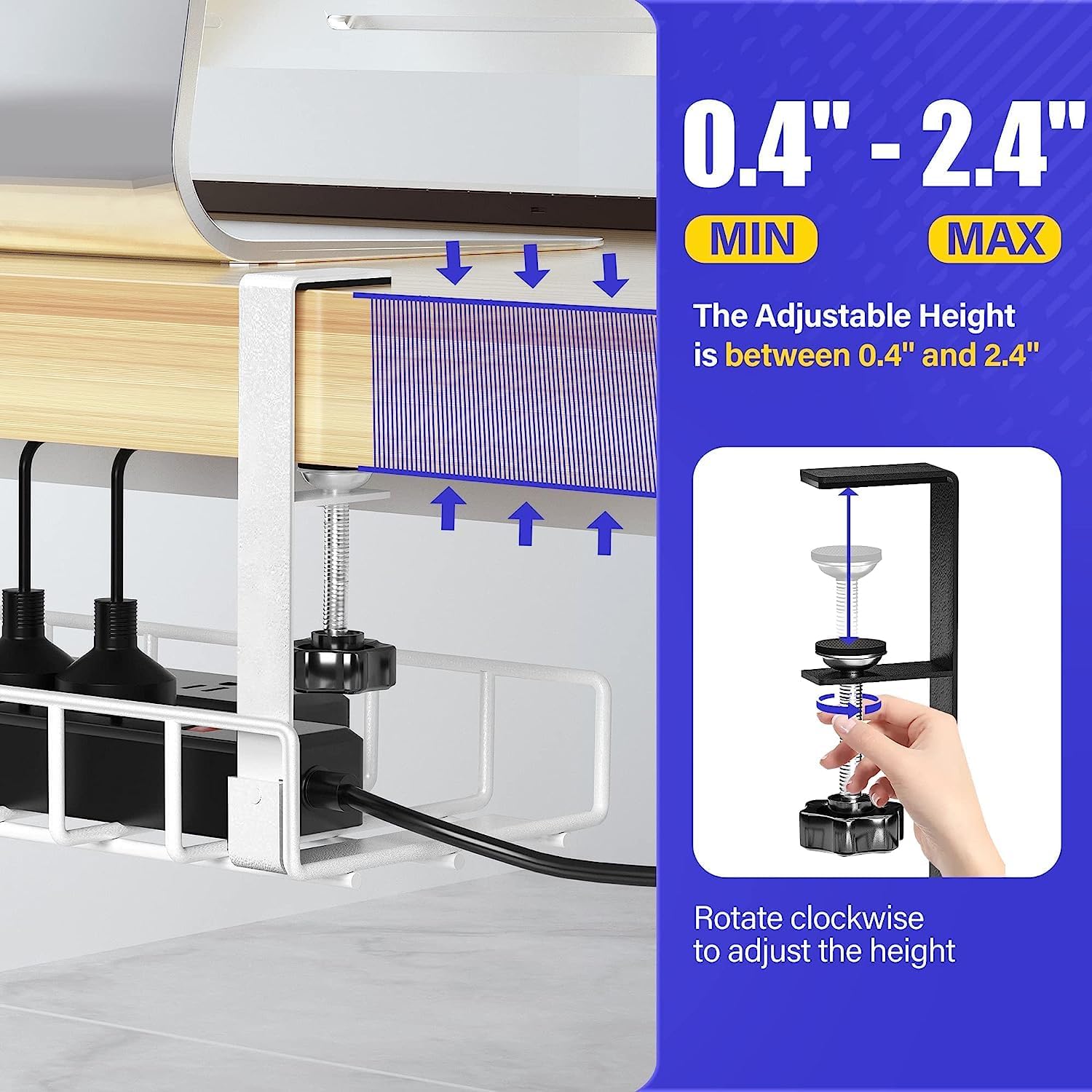 Under Desk Cable Management Tray, Upgraded Wire Management No Drill No Screws, Cable Tray with Clamp for Wire Organizers, Computer Cord Rack for Office, Home - No Damage to Desk White - view 4