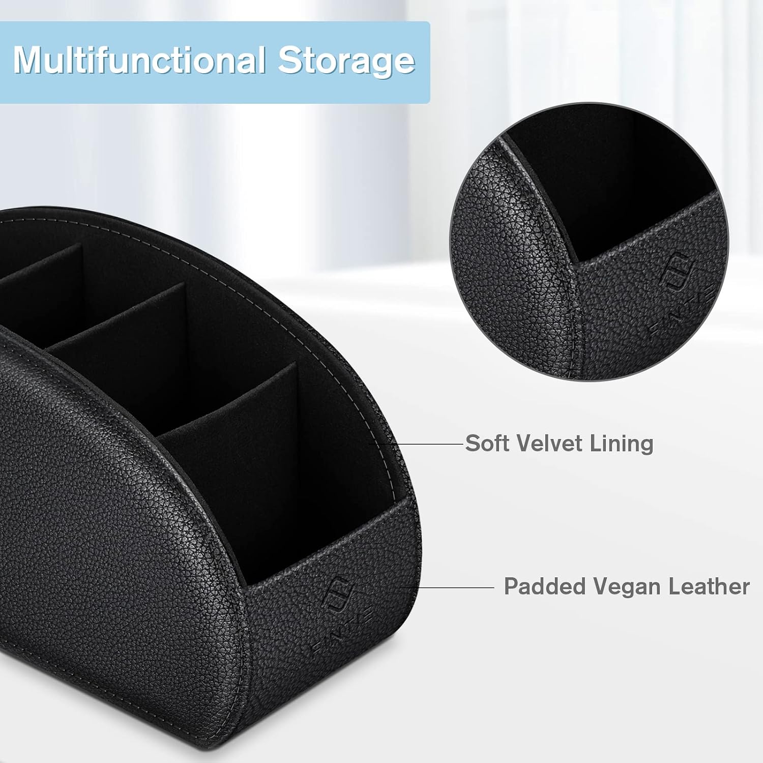 Remote Control Holder with 6 Compartments Vegan Leather | TV Remoter Caddy Desktop Makeup Brush Holder Storage, Fits TV Remotes, Media Controllers, Office Supplies, Black - view 3