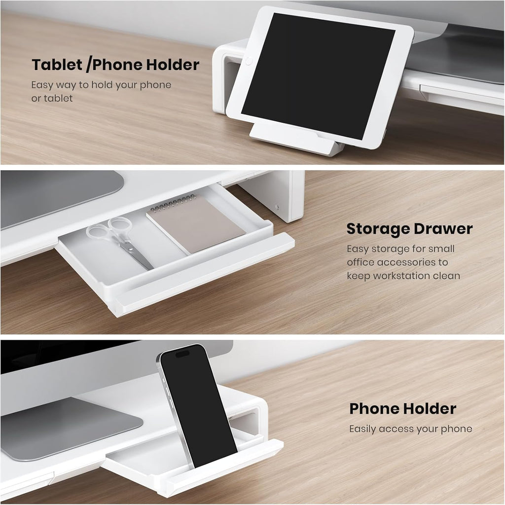 Monitor stand riser, foldable, height adjustable computer stand, desk shelf riser with storage drawer & tablet phone stand for desktop, laptop (white) - view 5