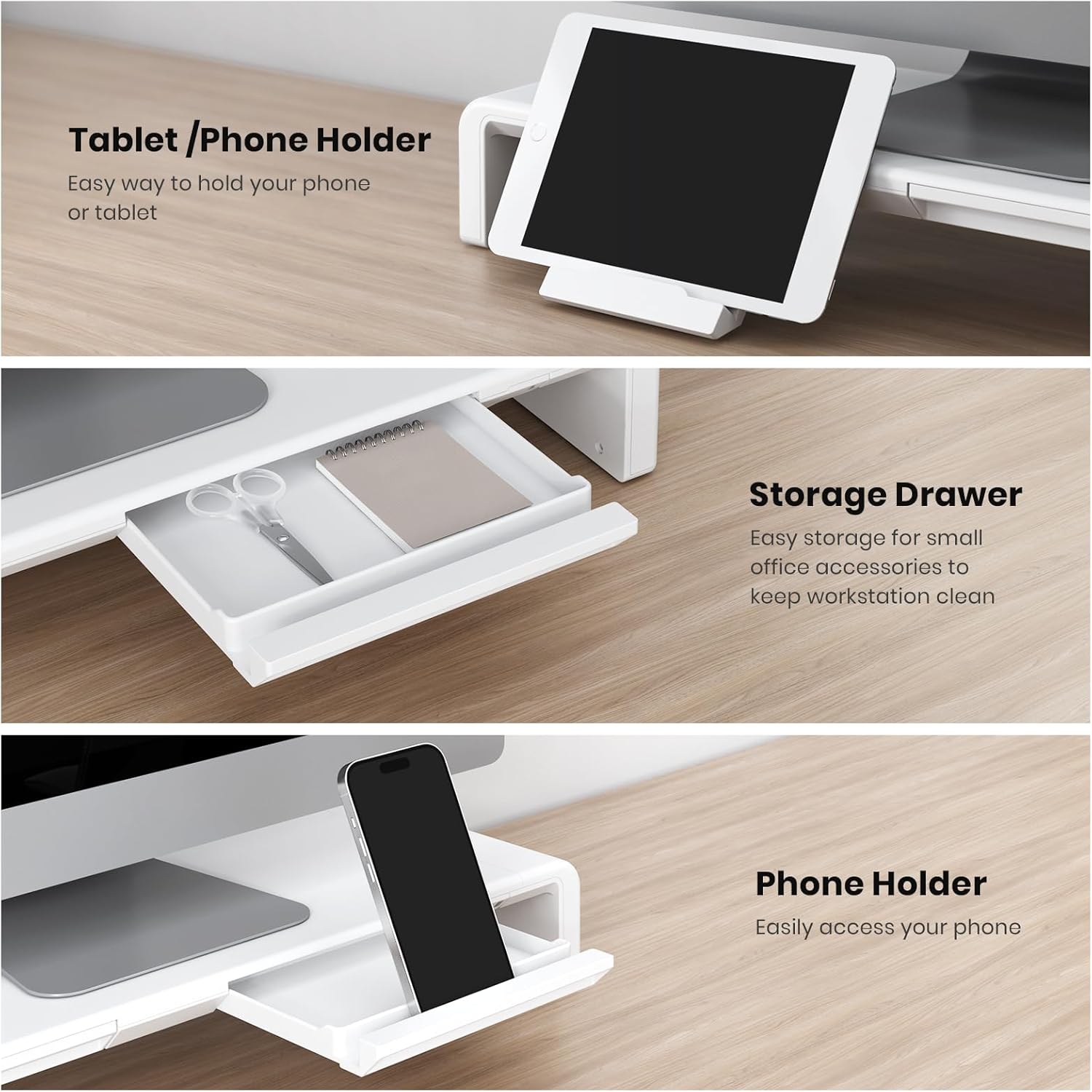 Monitor stand riser, foldable, height adjustable computer stand, desk shelf riser with storage drawer & tablet phone stand for desktop, laptop (white) - view 5