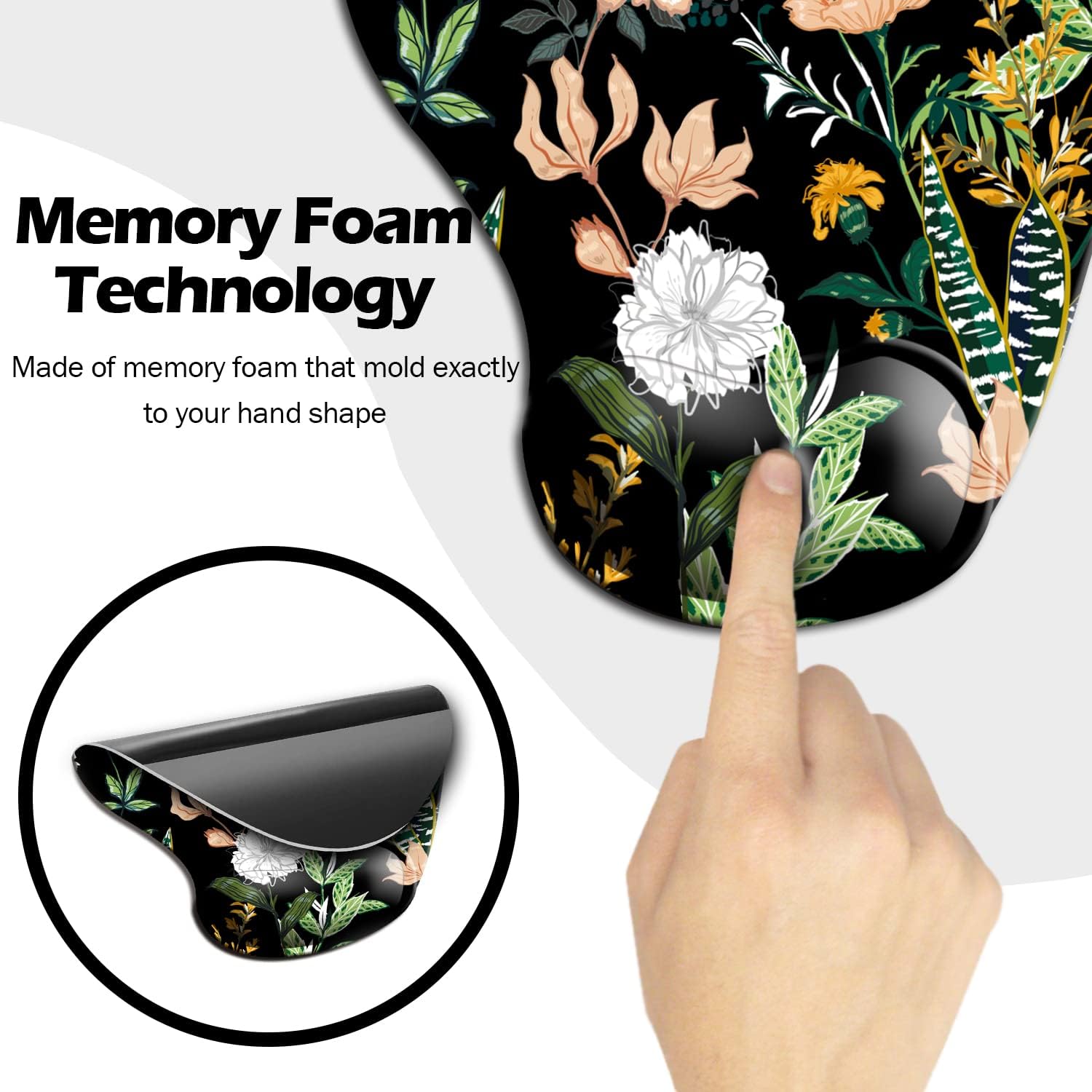 Ergonomic Mouse Pad with Wrist Support, Cute Mouse Pads with Non-Slip PU Base for Home Office Working Studying Easy Typing & Pain Relief Black Floral - view 5