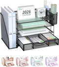 Desk File Organizer, 4 Tier Desktop Paper Letter Tray Organizer with Drawer and 2 Pen Holders, Office Desk Accessories & Workspace Organizers for Office, Home Supplies(DO005DH-B), 1 Pack, Black