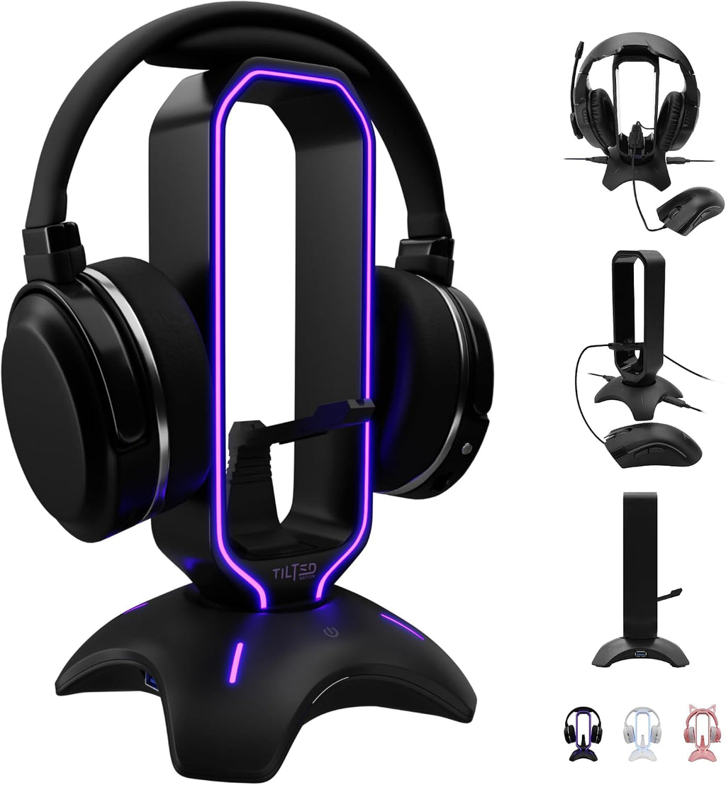 Gaming Headset Stand | RGB Headphone Stand for Desk with Mouse Bungee and USB Hub (Cool and Clean Setup) Gaming Headset Holder - Perfect Gamer Gift Accessory