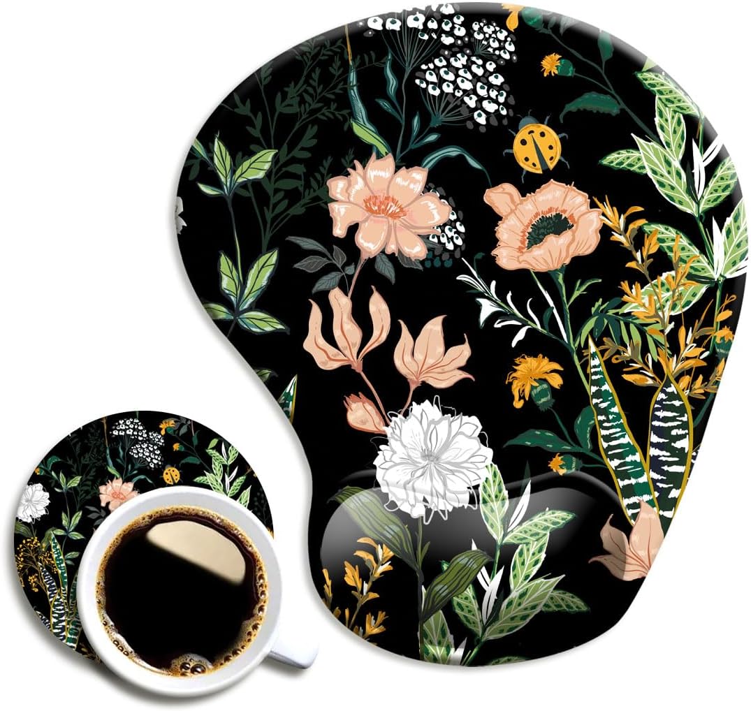 Ergonomic Mouse Pad with Wrist Support, Cute Mouse Pads with Non-Slip PU Base for Home Office Working Studying Easy Typing & Pain Relief Black Floral