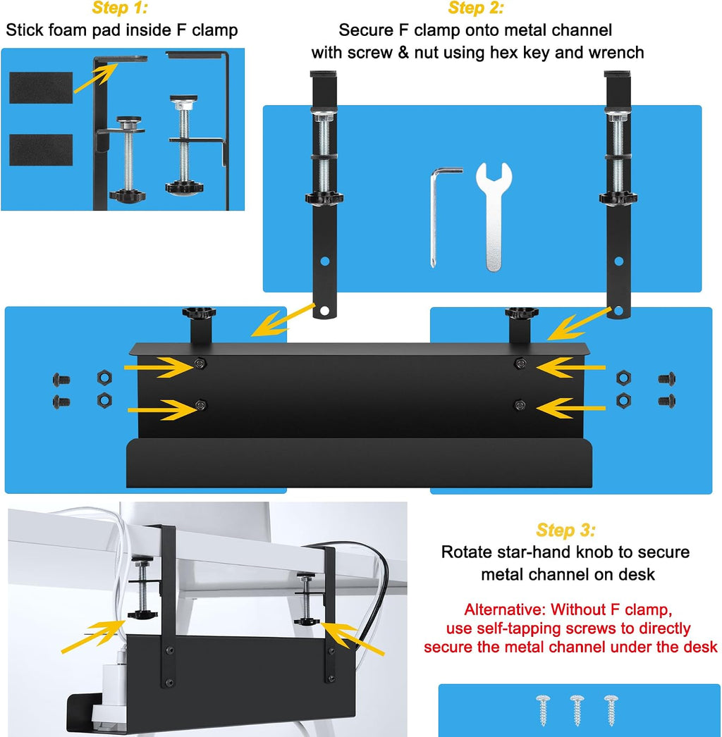 16.5in Steel Cable Management Under Desk Tray, Large Clamp-On Under Table Cord Hider Tray, No Drill Cable Organizer for Desk, Wire Management Raceway, Black Rack, W3in x H4.7in - view 6