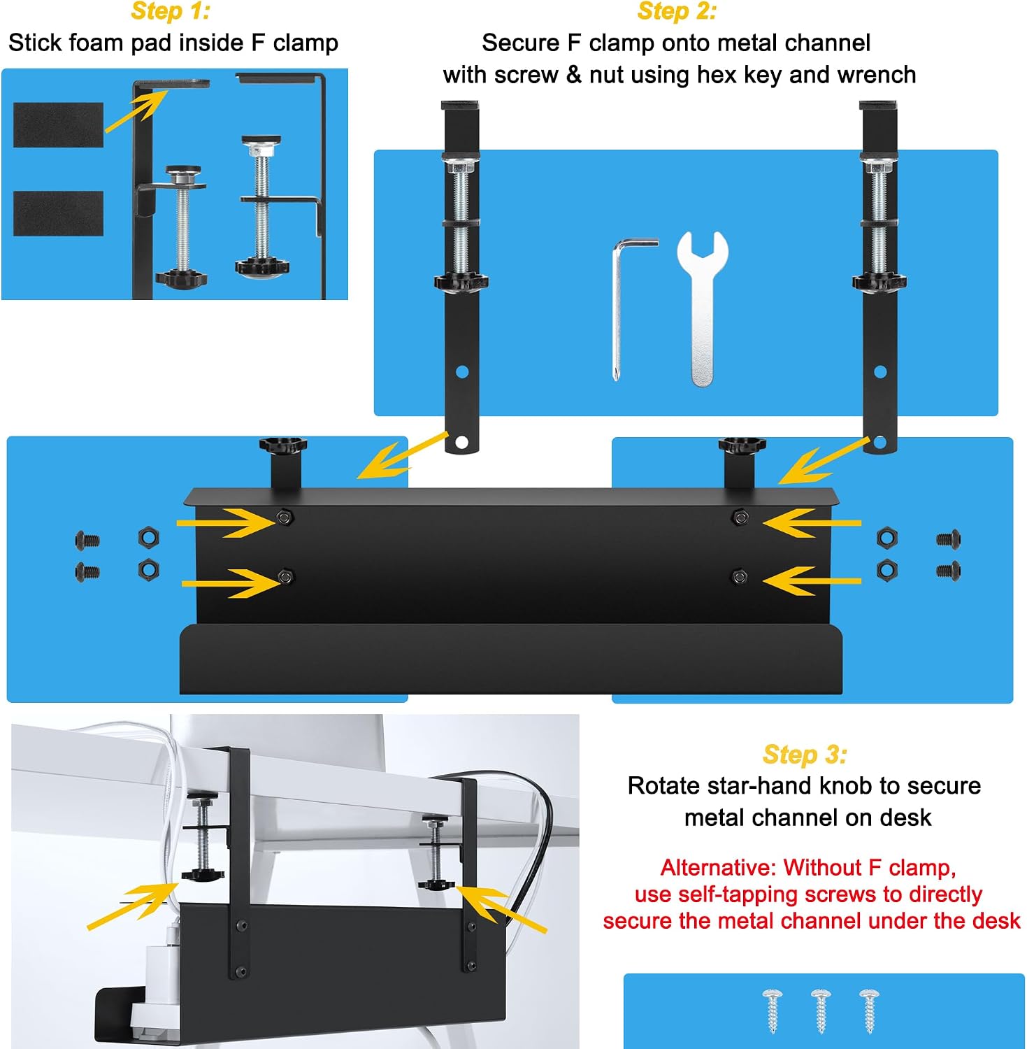 16.5in Steel Cable Management Under Desk Tray, Large Clamp-On Under Table Cord Hider Tray, No Drill Cable Organizer for Desk, Wire Management Raceway, Black Rack, W3in x H4.7in - view 6