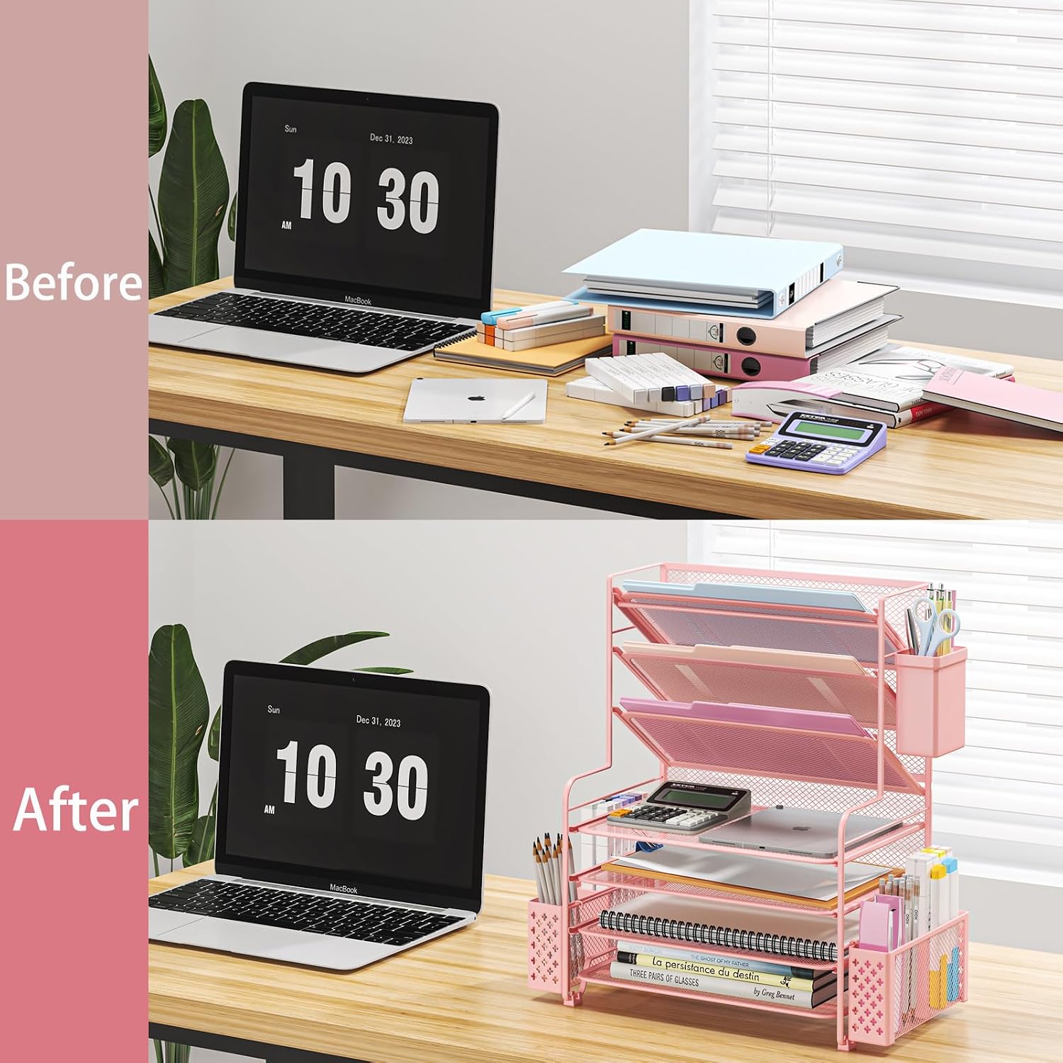 7 Tier Desk File Organizer, Letter Tray Paper Organizer with Pen Holder and Metal Hanging Basket, Pink - view 5