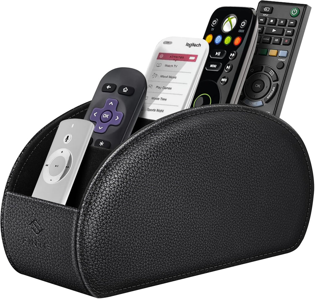 Remote Control Holder with 6 Compartments Vegan Leather | TV Remoter Caddy Desktop Makeup Brush Holder Storage, Fits TV Remotes, Media Controllers, Office Supplies, Black