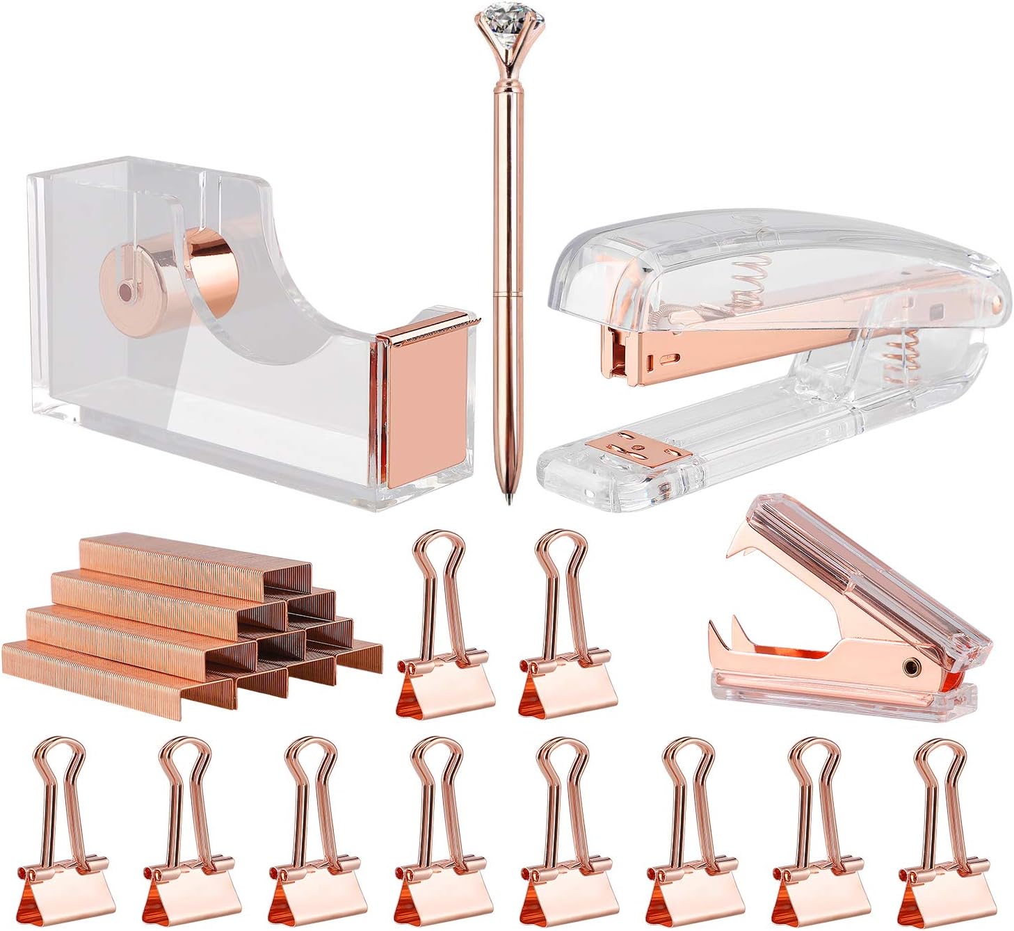 Rosegold Desk Accessory Kit,Set of Stapler, Staple Remover,1000pcs Staples,Tape Dispenser,Big Diamond Ballpoint Pen and 10pcs Binder Clips