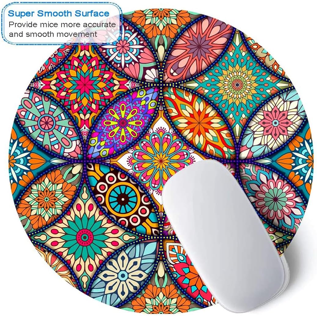 Cute Mouse Pad, Round Mandala Mouse Mat with Design, Non-Slip Rubber Base Mousepad with Stitched Edge, Waterproof Women Small Size 7.9 x 7.9 Inch, Pretty Mandala - view 2