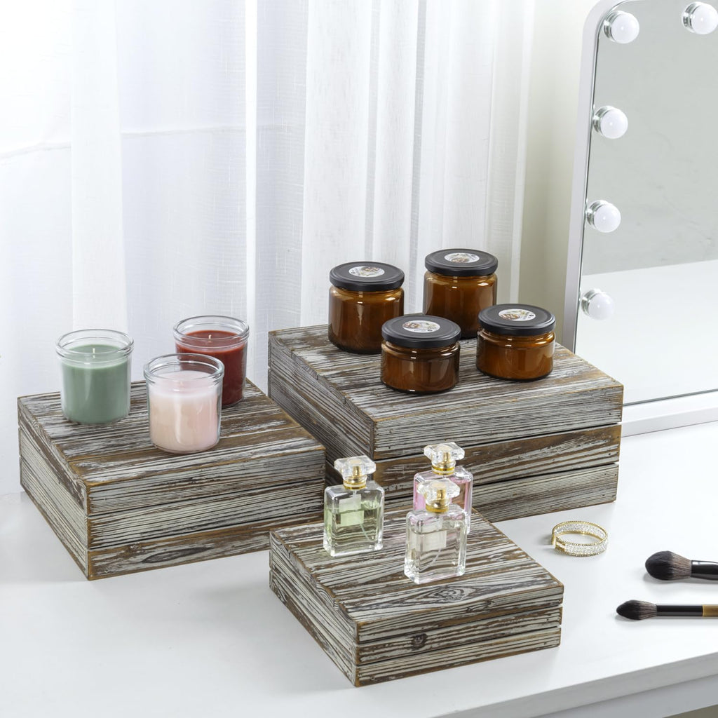 3 Piece Rustic Solid Torched Wood Dessert Cake and Cupcake Stand, Decorative Box Display Risers - view 2