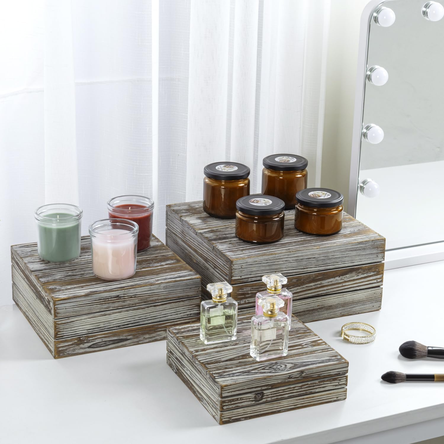 3 Piece Rustic Solid Torched Wood Dessert Cake and Cupcake Stand, Decorative Box Display Risers - view 2