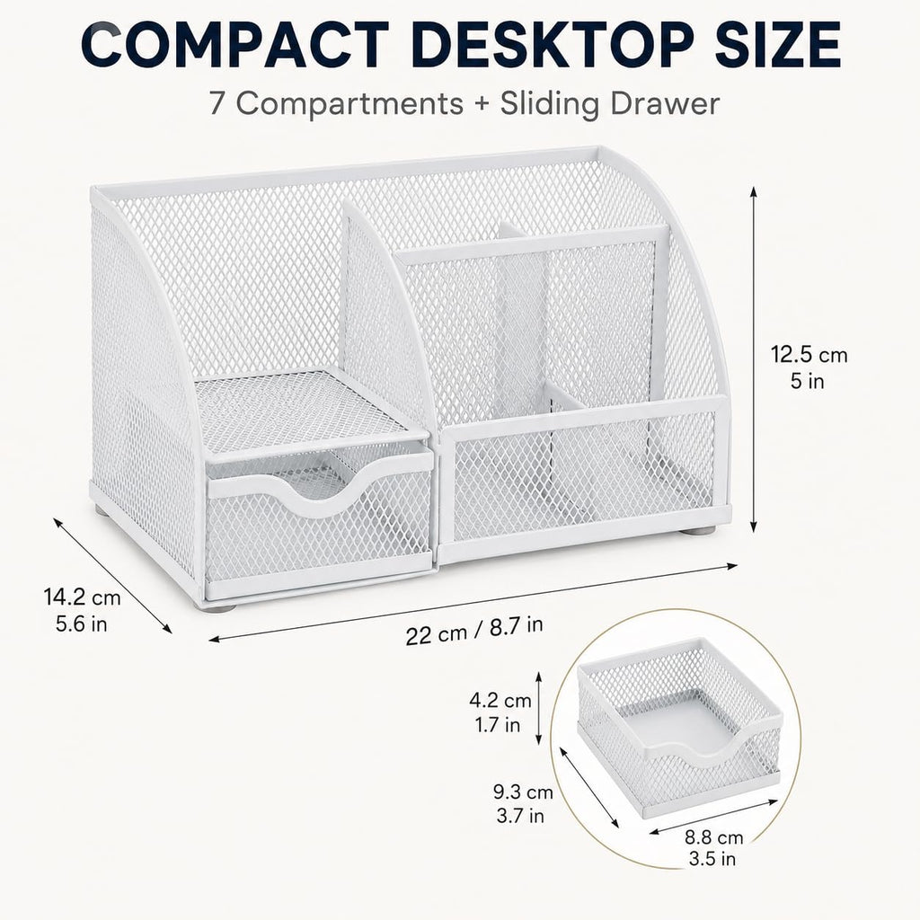 Desk Organizer 7 Compartments Metal Mesh Pen Holder Caddy White | Compact White Desktop Storage for Notes Clips Scissors Rulers Craft Tools Makeup Study and Home Use - view 2