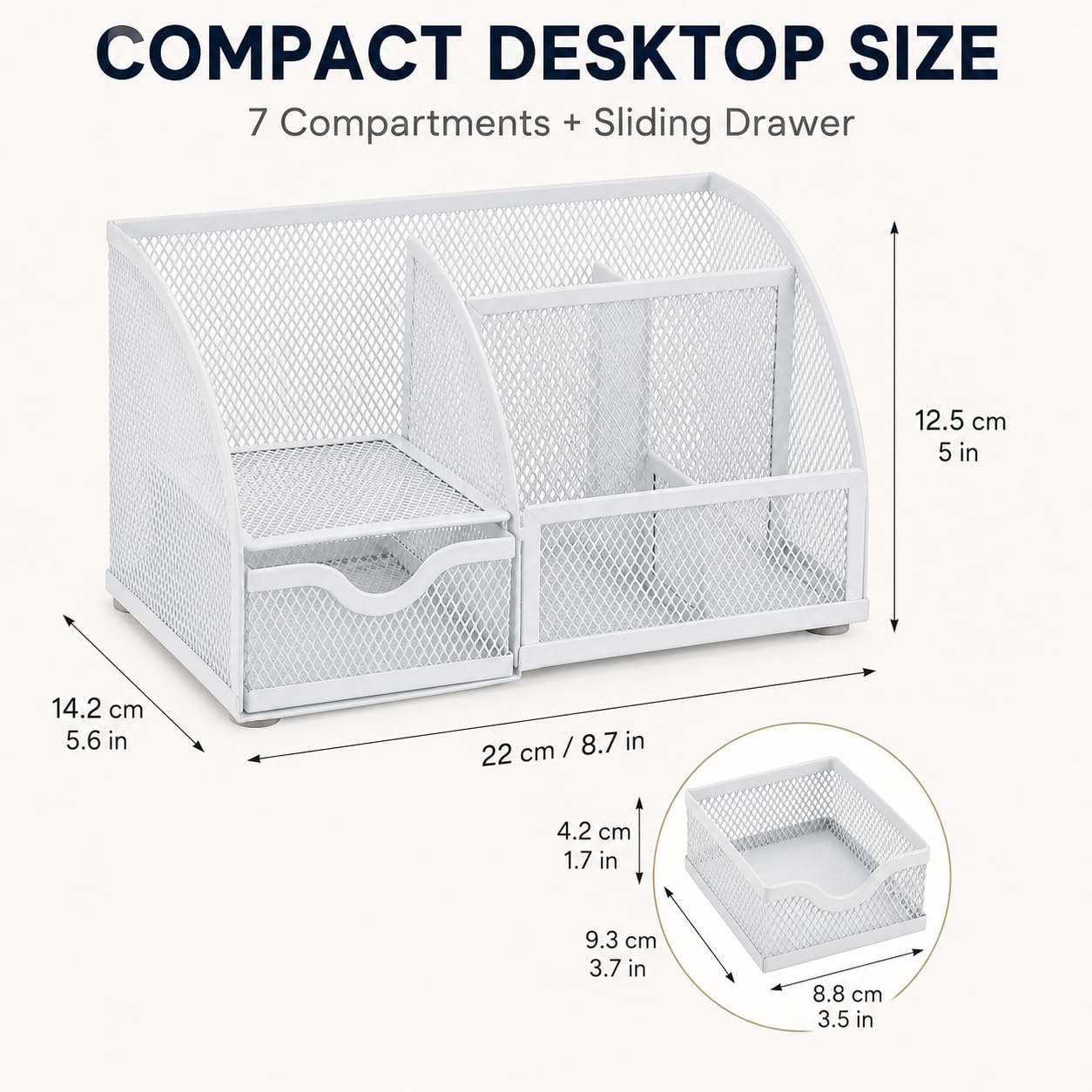 Desk Organizer 7 Compartments Metal Mesh Pen Holder Caddy White | Compact White Desktop Storage for Notes Clips Scissors Rulers Craft Tools Makeup Study and Home Use - view 2