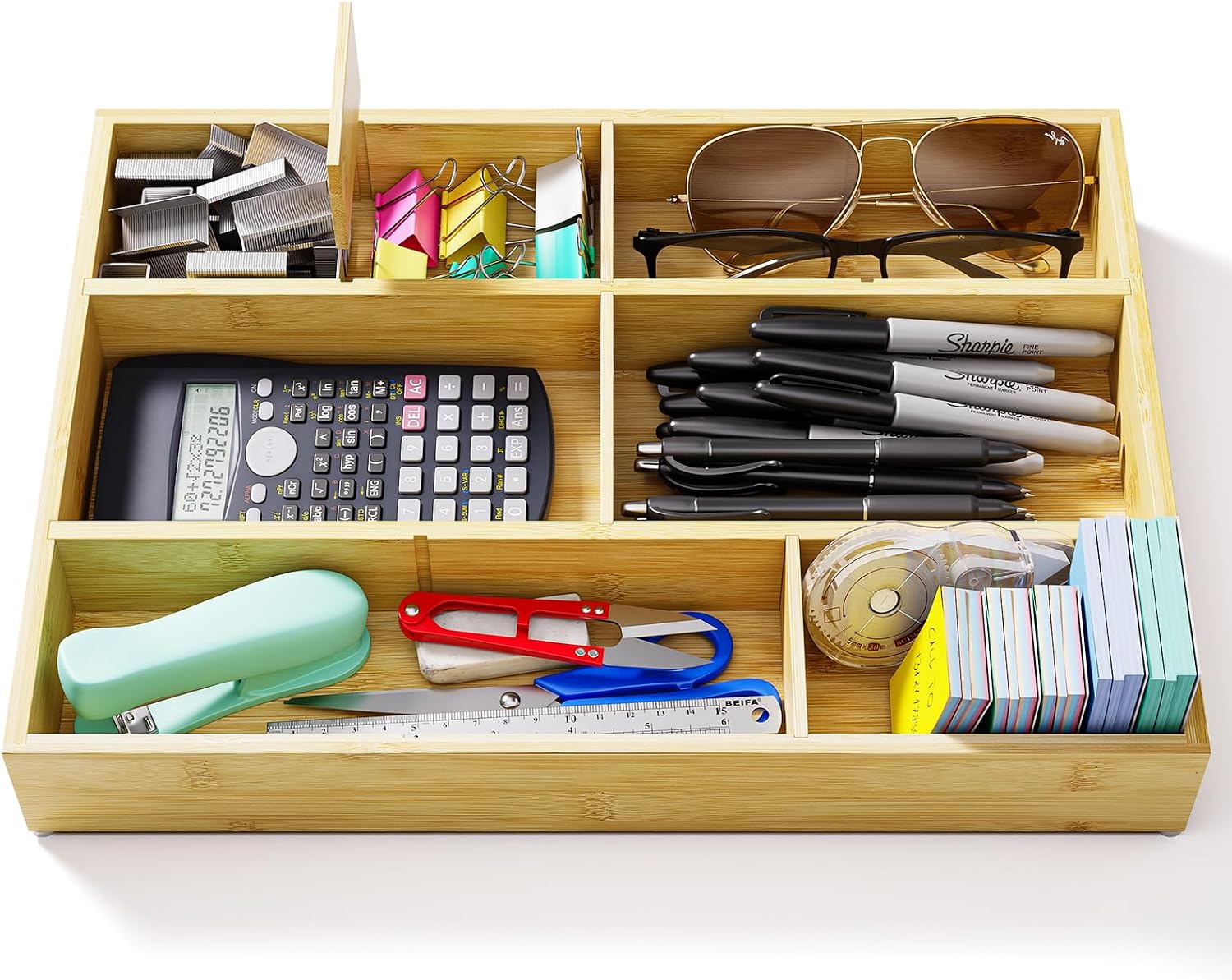 Bamboo Drawer Organizer with 9 Adjustable Compartments, Desk Storage Tray | Natural Bamboo, Flexible Modular Trays, Water-Resistant, Adjustable, Excellent Organization, Easy to Clean, Non-Slip Design