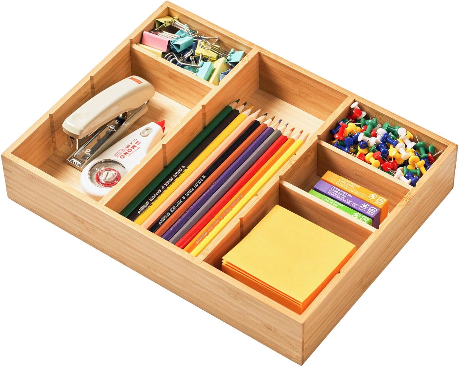 Bamboo Desk Drawer Organizer, Wood Junk Organizer Tray with Adjustable Dividers, Anti-Skip Storage Organization in Office Bathroom Drawer for Vanity, Makeup, 12" x 9"