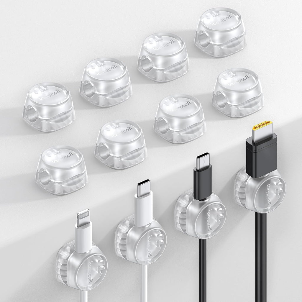 12 Pack Cord Organizer, [1s Lock] Spring Cable Holder Clips | Smooth Adjustable, Adhesive Phone Charger Cable Management Wire Keeper for Nightstand Desk Wall Car Office Home, Clear