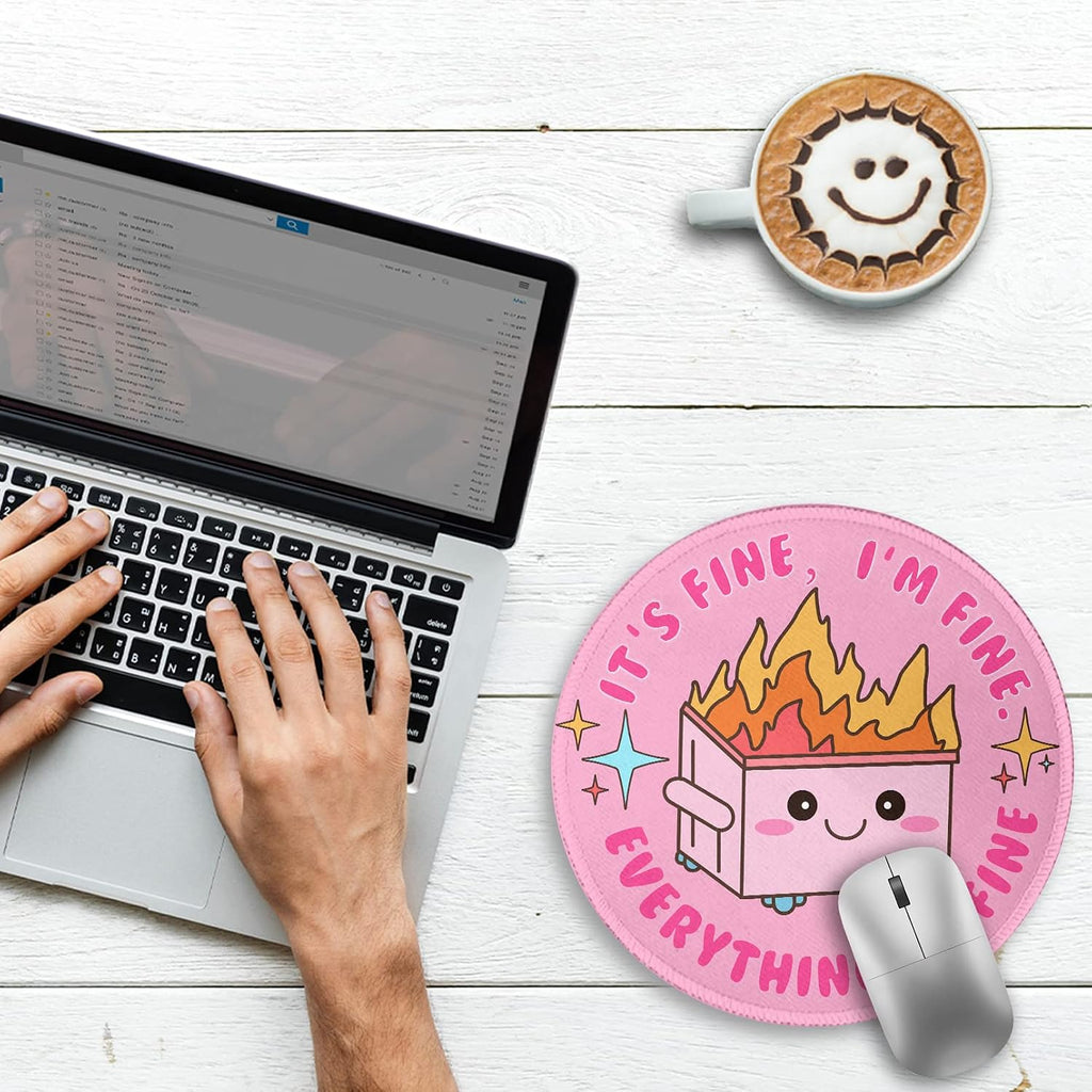Pink Round Mouse Pads for Desk, Cute Office Decor for Women 8.6 in | Dumpster on Fire Small Mousepad, Stitched Edge, Non-Slip, Computer Mouse Pad for Wireless Mouse Laptop Desk Accessories - view 2