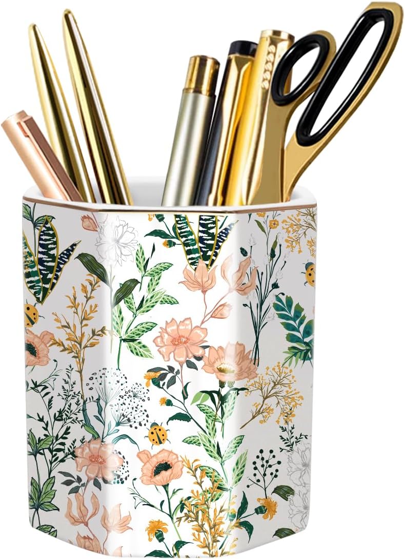 Cute ceramic pen holder for desk, pencil cup pot, makeup brush holders, desk accessories & workspace organizers for home, office, white flower