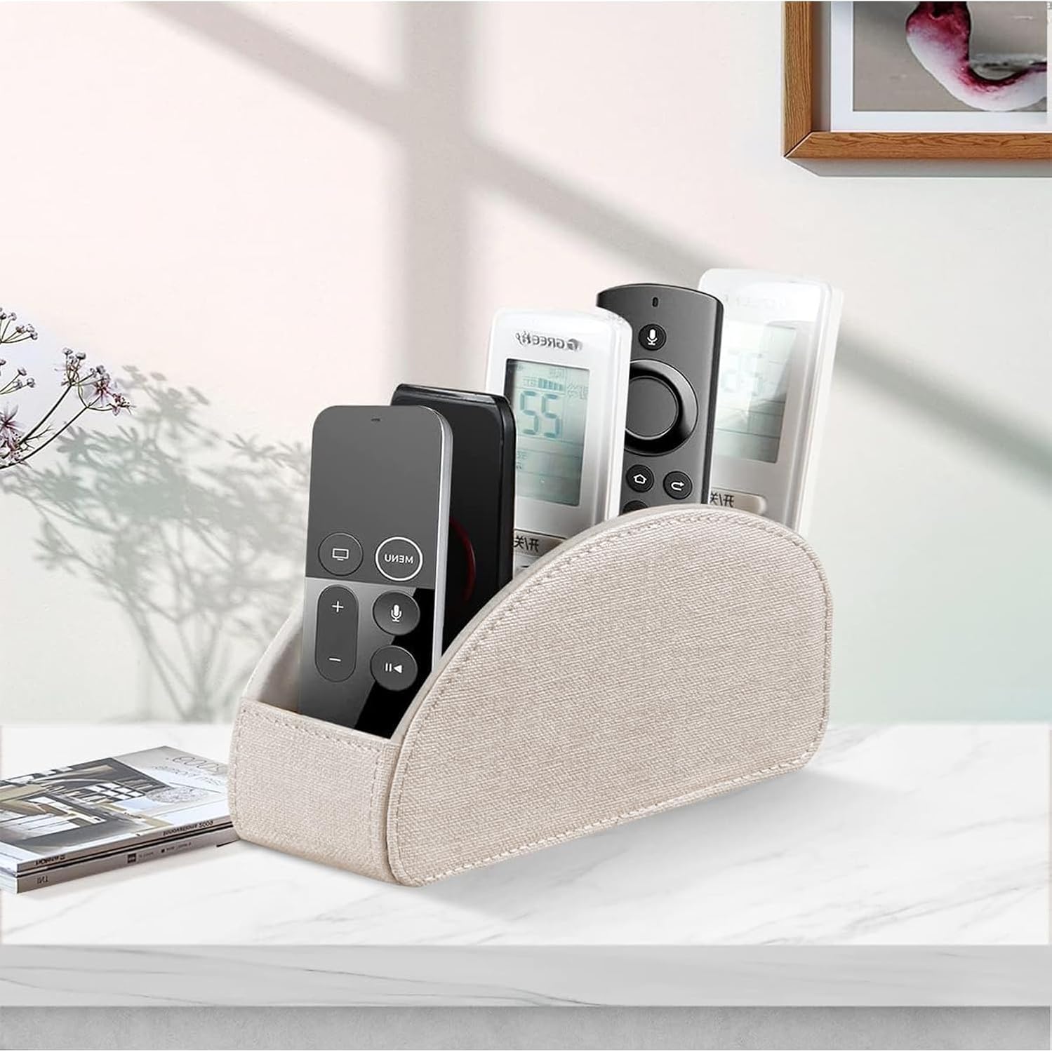 PU leather TV remote control holder/caddy for table with 5 compartments | desk organizer and decorations for living room, bedside storage for controller, makeup brush, pen, office stationery, art supplies - view 7