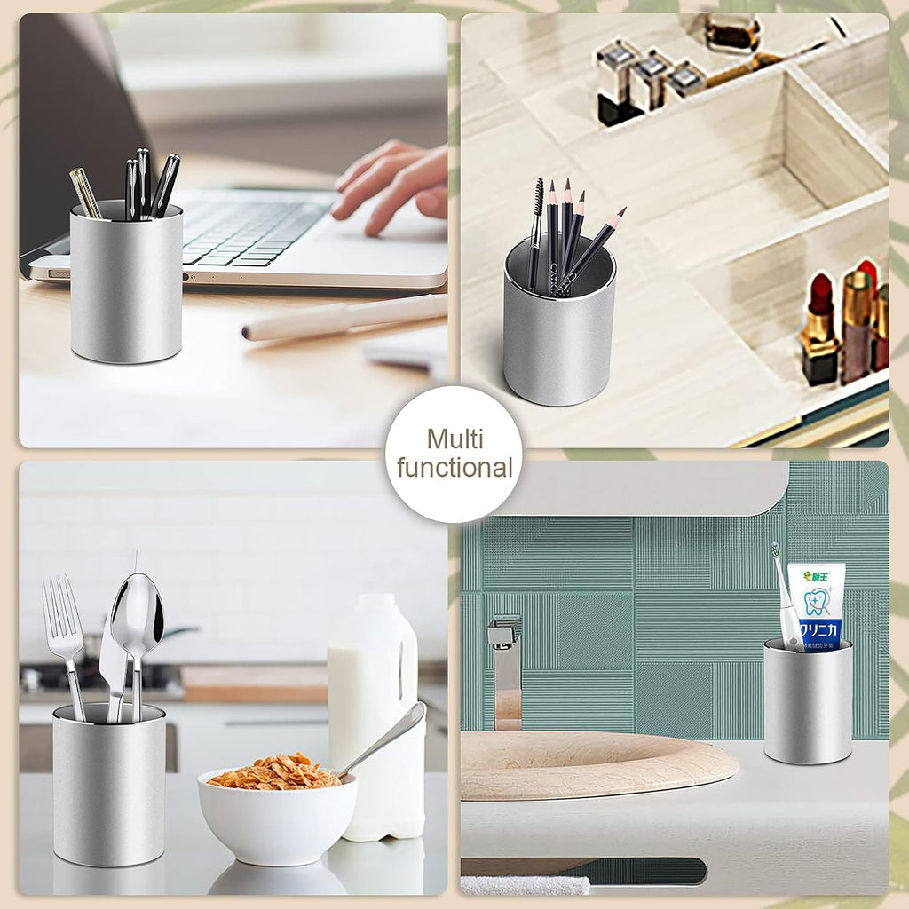 Metal Pen Holder Aluminum Pencil Holder for desk, Round Desktop Organizer and Silver Pencil Cup for Office, School, Home and Stationary Supplies (3.15 x 3.15 x 3.94 Inches) - view 5